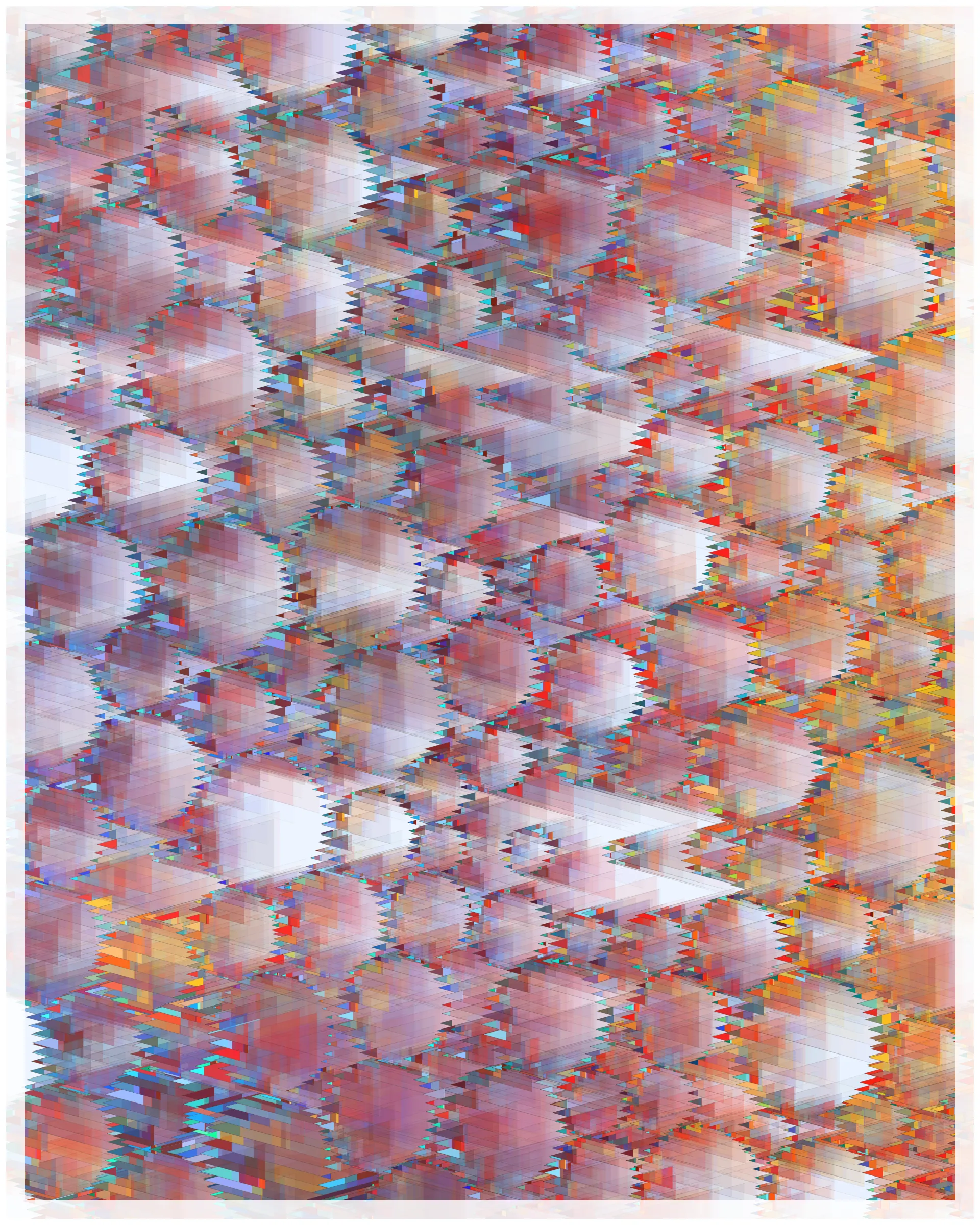 _There are no artifacts. There are only interpretations._

Glass is about the illusion of simplicity that cocoons us in our everyday existence. A glance at Glass may suggest a foam of bubbles or pebbles under clear water. But on inspection, these simple pictures dissolve. Instead of disks one finds stacked panes of translucent glass, intersecting and overlapping. There is dissonance between fine-scale chaos and the harmony of the aggregate. In Glass, two levels of reality -- panes of glass and the foam of bubbles -- are brought close together in scale, so that our oversimplified impression yields a palpable disquiet.

What appears simple is often anything but. Consider a standard wooden desk. To our eyes, it looks solid and continuous, but we know that it is made of atoms, tiny electrons orbiting nuclei. And these subatomic particles are themselves not like miniature solar systems, but creatures of quantum mechanics, stranger than we can imagine. The vast difference in scale between the atomic and the macroscopic hides this complex reality, but fundamentally it is the same phenomenon shown here.

Glass continues my exploration of emergence. While in previous work I explored how simple systems can create complex, emergent forms, here the interest is in the converse: how coherence is often deceptive, masking a complex underlying reality.

Glass draws on the aesthetic of Shin Hanga artists Hiroshi Yoshida and Kawase Hasui, and abstract expressionist Sonja Sekula. In live view, Glass has ambient motion: the shadows evolve, imperceptibly slowly.

The following variations & controls are possible. You may need to click on the canvas before they are active. For a high-resolution output, use the pixel density controls. For example, on a standard laptop, an image saved at pixel density 5 will be approximately 3200 x 4000 pixels, and therefore suitable for printing at ~ 11" x 13" at 300 dpi.

Variations (require redrawing):

f -- fit-to-screen on/off
o -- outline on/off

Controls:

s   -- save as png
spacebar  -- pause/unpause ( useful to reduce CPU load in Live mode )
b -- border on/off ( useful for printing )
1-9  -- set pixel density (default=2 on retina displays)
+/-  -- increase/decrease pixel density