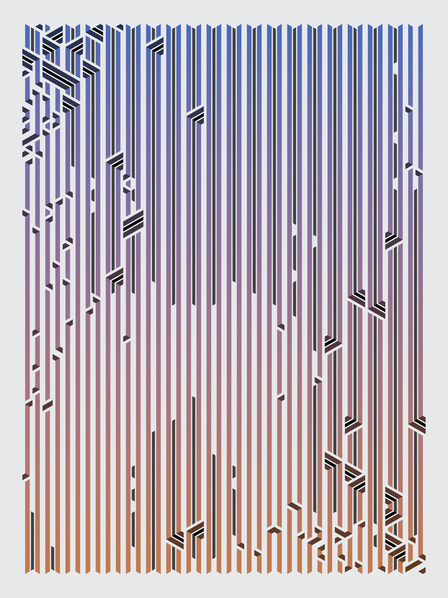 Lines are bent and shaded. There are no wrong turns. 

[Interaction in live view: press 1-7 or left/right arrow keys to see the stages of sketch construction: 1-grid, 2-divide, 3-tile, 4-bend, 5-shade, 6-color, 7-texture].