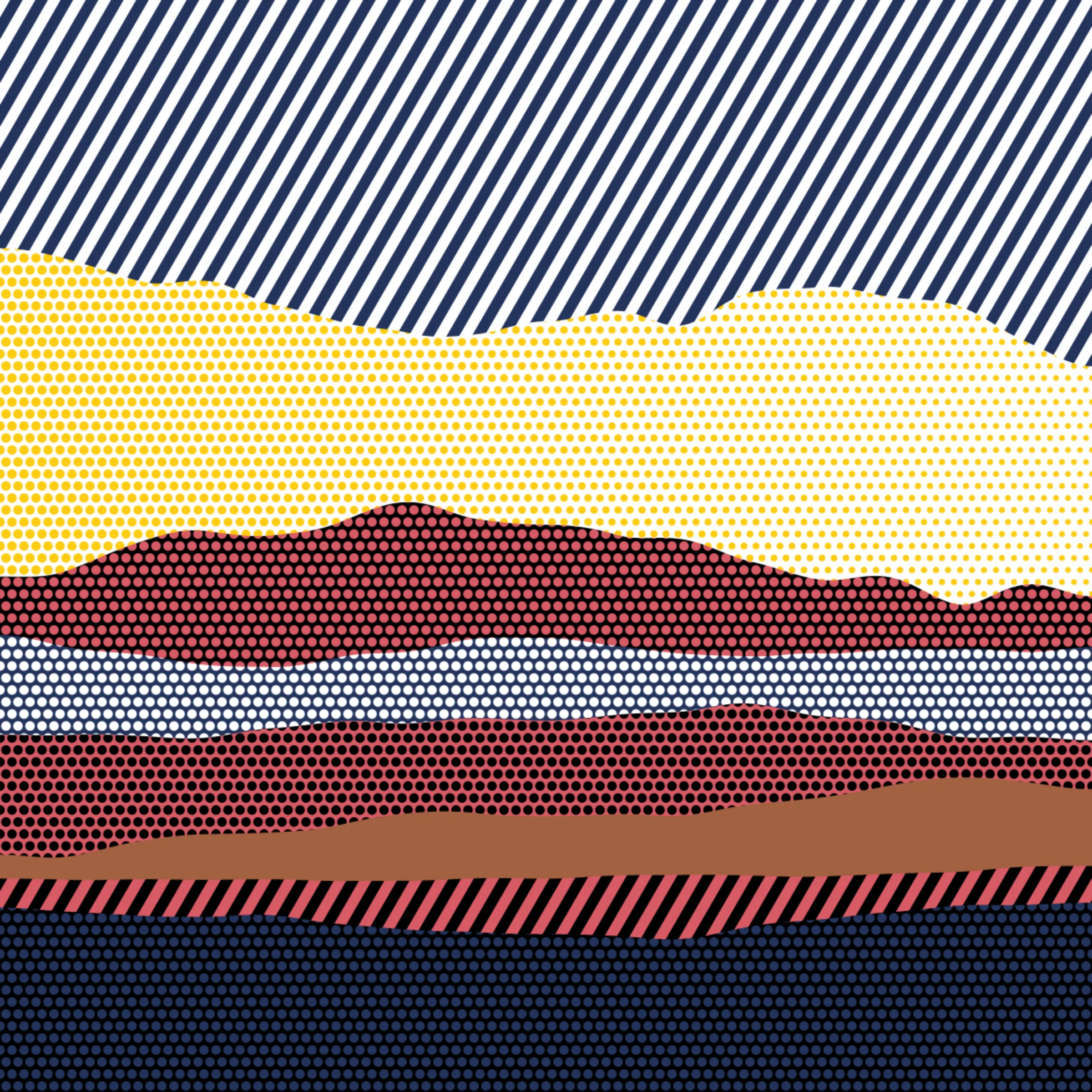 An ode to Roy Lichtenstein, incorporating his iconic version of Ben-Day dots, halftone dots, angled stripes, and solid color patches. Inspired by Roy's sea and landscape paintings, each artwork generates a unique combination of patterns, shapes, and colors.