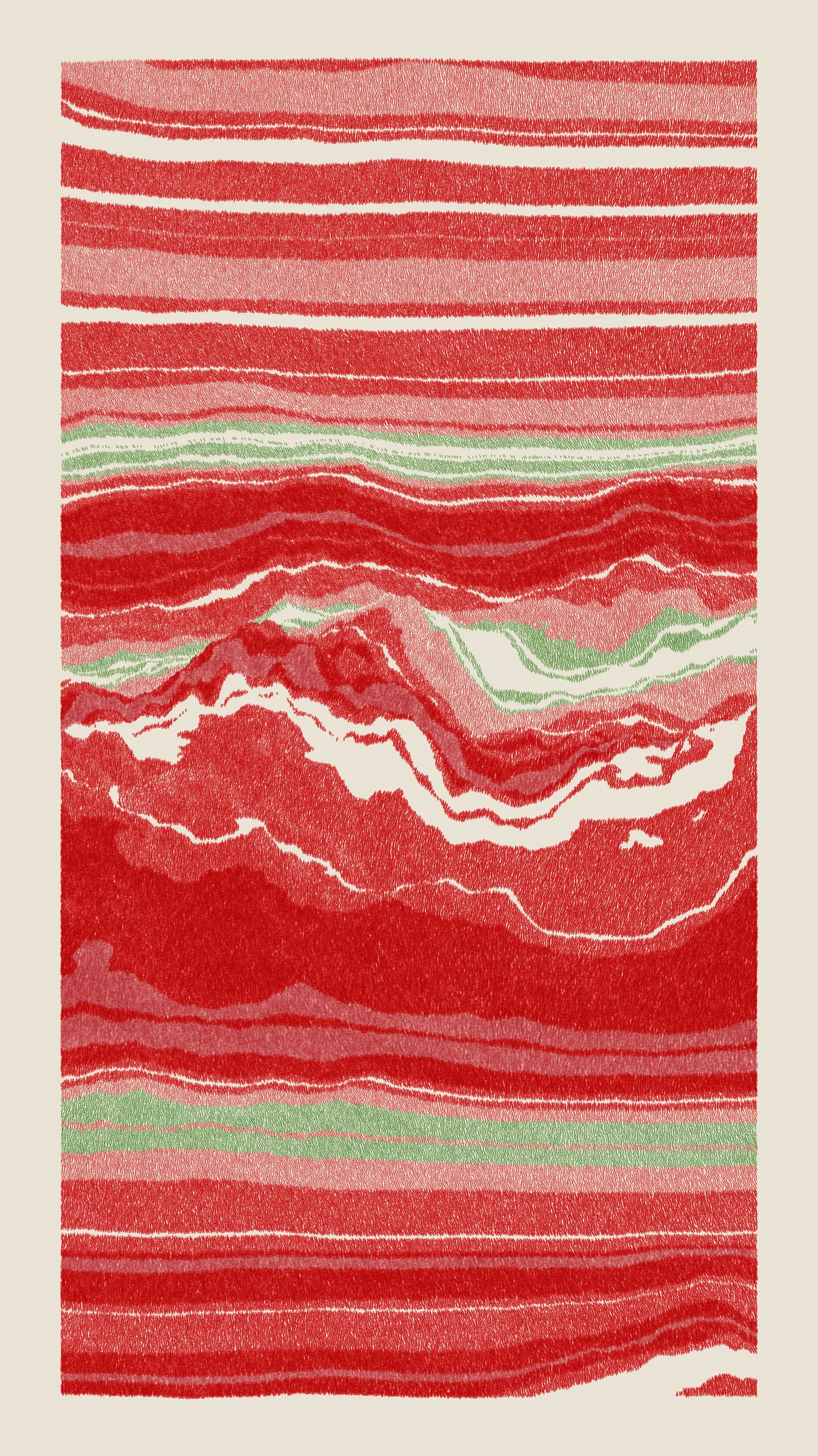 Stratified landforms constructed from many small strokes of colour. The hash of each token describes a coordinate within a multidimensional generative space, locating a unique composition that lies along one of many possible longitudes.
