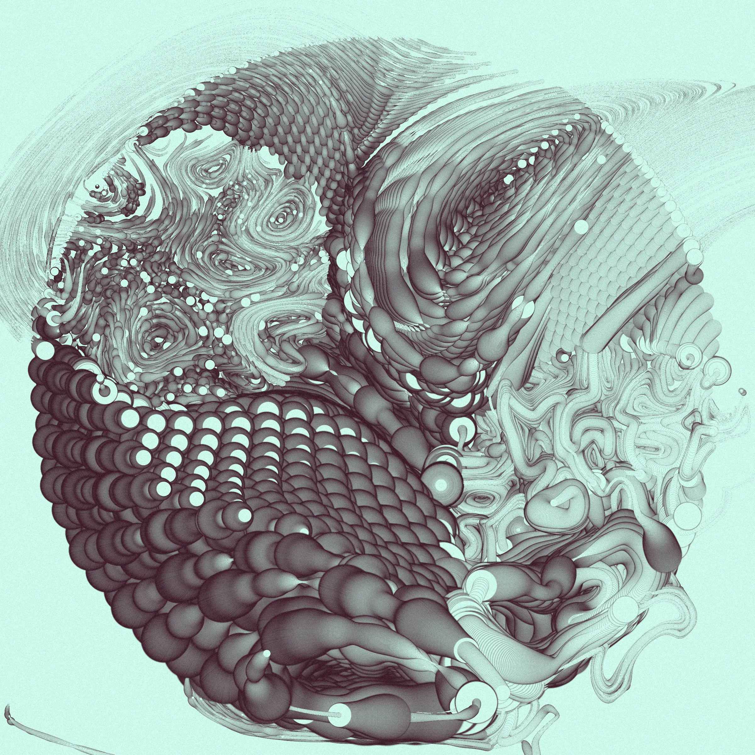 Drifting apart as the little islands that we are, you may ask yourself
_What is bigger - the inner space or the outer?_

This project was inspired by the multitudes we keep within us. The harsh shadows and the combination of pure 2d rendering with a 3d effect mimic feelings of separation from the rest of the world. Their undetermined scale reflects the seemingly unlimited depths of consciousness.

_The Inner World_ starts its rendering from one or more circular cores representing the centers of our personalities. Each of these cores spawns various thoughts and emotions, flowing as tendrils through the scene, making connections among themselves or reaching for the outside. Their movement ranges from straight and orderly to (seemingly) chaotic, sometimes twisting the clean underlying personality center into a completely different shape. Two rendering styles (illustrative and shaded) with palettes ranging from cool, gloomy and serious to cheerful or dramatic reflect the variety of predispositions.

While waiting for the rendering to complete, look at the focus animation highlighting the circular cores of your piece. You're invited to spend this time pondering how everything you know, everything you have or will ever experience, and even the most majestic sights from stars to microbes fit into the space between your ears.