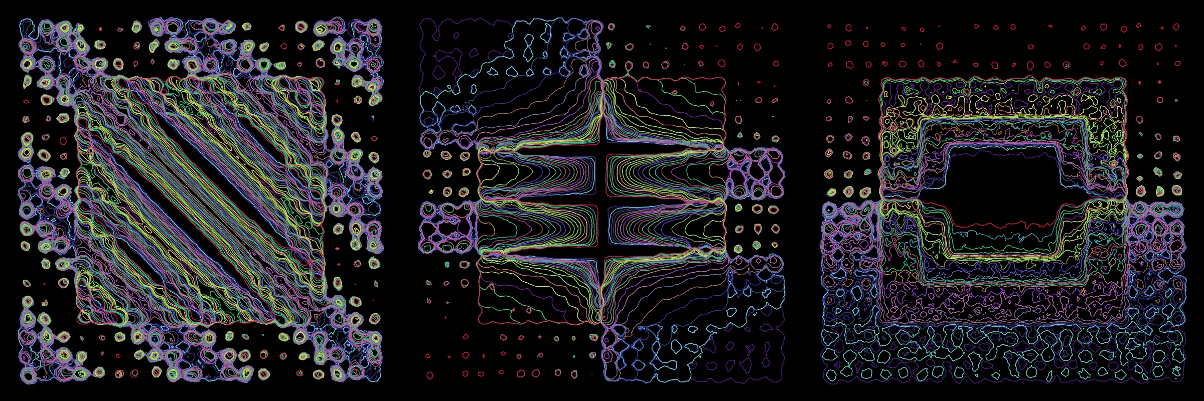 Primordial presents forms as diverse as those found in the natural world. The emergent system powering Primordial is capable of generating this diversity but is hard to control. After the initial generation there is a curation step; forms must meet certain criteria or the algorithm replaces them.

The forms produced by Primordial are presented in a triptych, as comparing multiple outputs is fundamental to understanding a generative algorithm. Primordial attempts to generate triptychs where the individual forms are related, and the results can be surprisingly harmonious or discordant.

Once the triptych is finalized, click on one of the forms to redraw a previous image. Press s to save the entire triptych, or 1-3 to save an individual image.