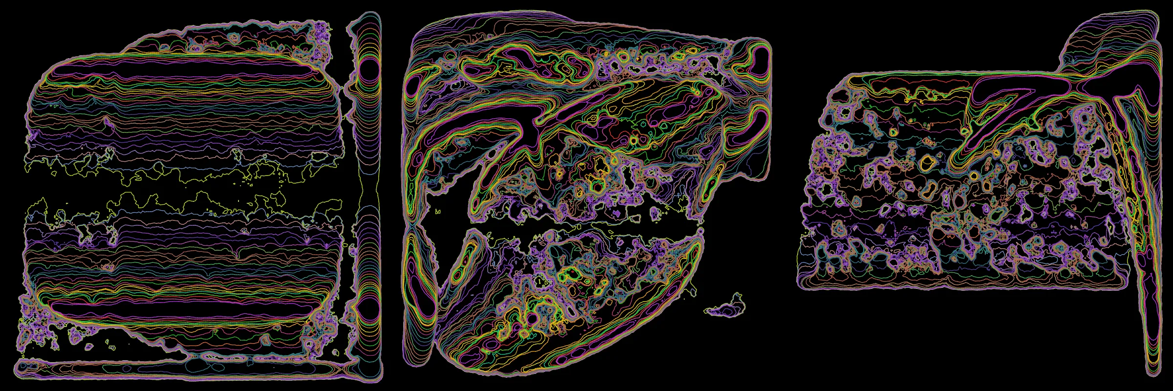 Primordial presents forms as diverse as those found in the natural world. The emergent system powering Primordial is capable of generating this diversity but is hard to control. After the initial generation there is a curation step; forms must meet certain criteria or the algorithm replaces them.

The forms produced by Primordial are presented in a triptych, as comparing multiple outputs is fundamental to understanding a generative algorithm. Primordial attempts to generate triptychs where the individual forms are related, and the results can be surprisingly harmonious or discordant.

Once the triptych is finalized, click on one of the forms to redraw a previous image. Press s to save the entire triptych, or 1-3 to save an individual image.