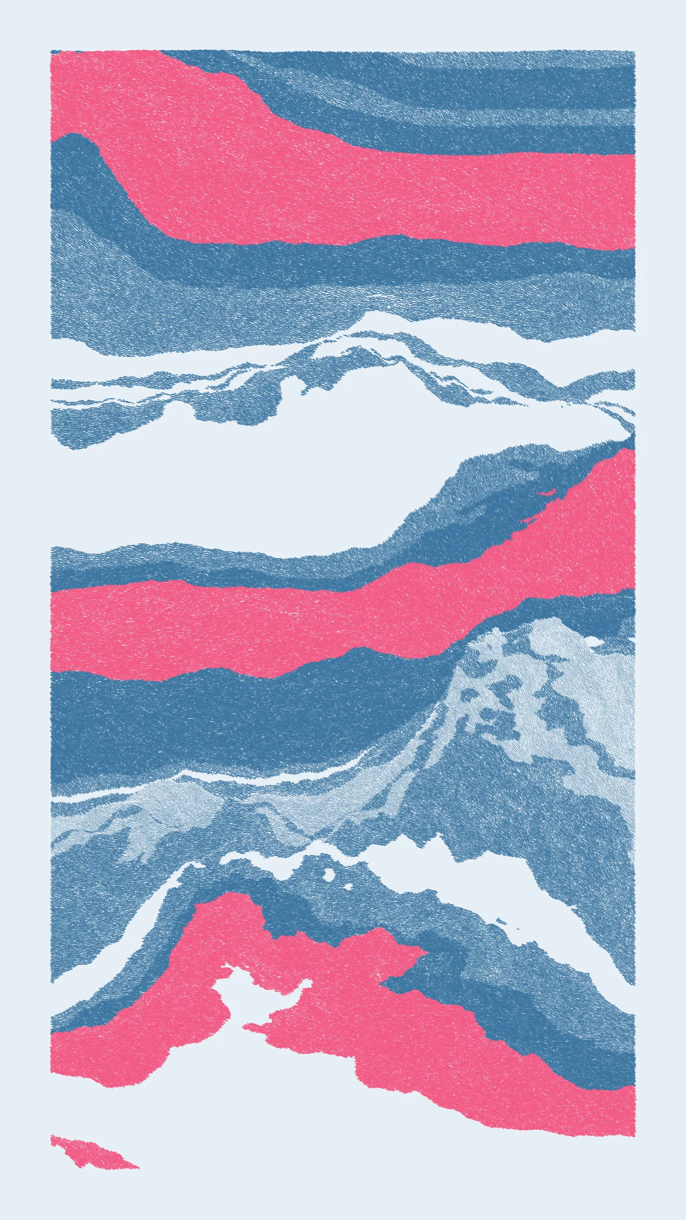 Stratified landforms constructed from many small strokes of colour. The hash of each token describes a coordinate within a multidimensional generative space, locating a unique composition that lies along one of many possible longitudes.