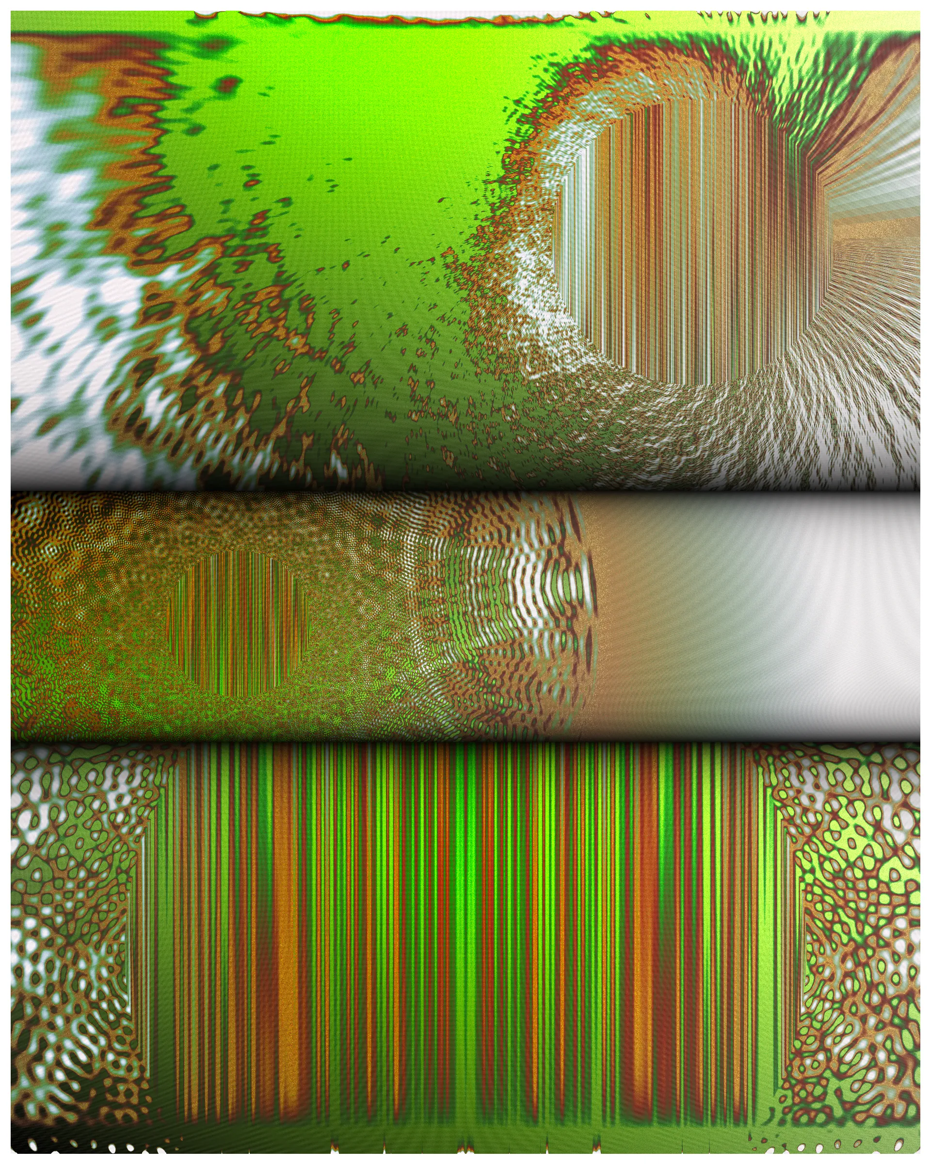 A photon is a particle representing a quantum of light. Because it travels at the speed-of-light, time and space as we understand it do not exist for this elementary particle. The Big Bang was less than an instant ago for the photon and yet it has already traversed the cosmos. Time and space to it is what? It's hard to say. The word non-dual comes to mind.

Some components in Photon’s Dream look like images from an electron microscope. Other parts have a more cosmic or planetary vista. Juxtaposing both creates tension and intrigue where the boundary between fine texture and grand architecture becomes blurred.

The expression ‘One in all: all in one’ is somehow embodied in the wavefield primitives used to make this art. Art that aspires to create both holistic simplicity and the mystery of deep complexity. The quasicrystal and hyperbolic geometry employed here are subjects to the artist that express what is beyond macro and micro, internal and external and ultimately self and other.