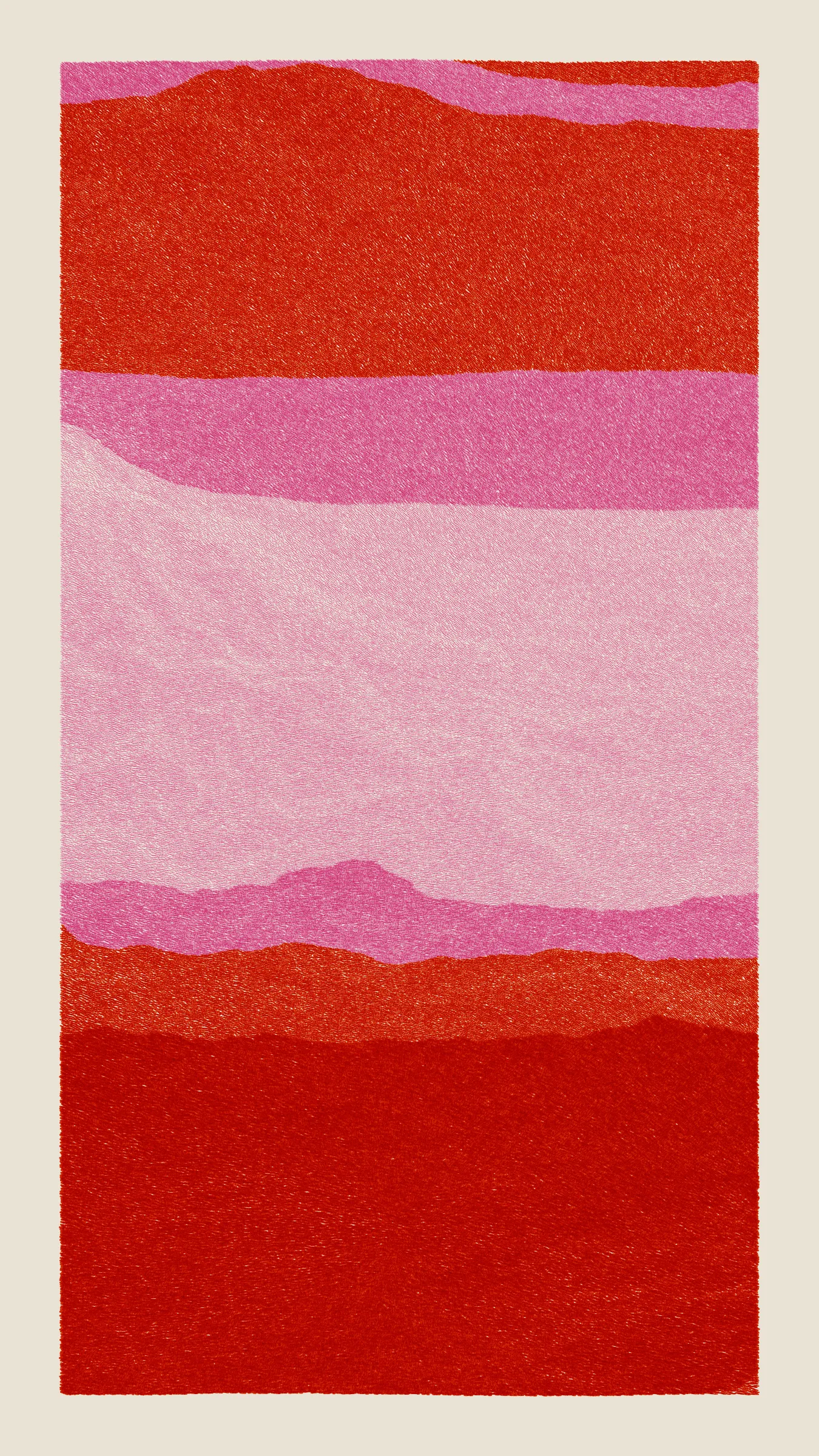 Stratified landforms constructed from many small strokes of colour. The hash of each token describes a coordinate within a multidimensional generative space, locating a unique composition that lies along one of many possible longitudes.