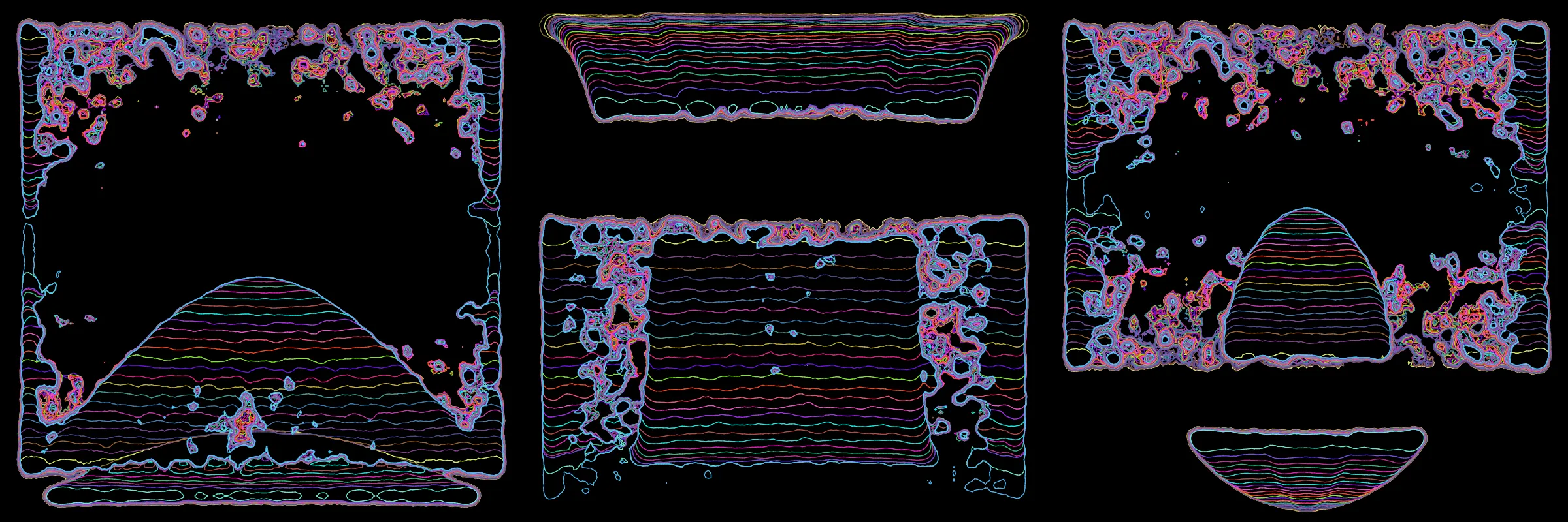 Primordial presents forms as diverse as those found in the natural world. The emergent system powering Primordial is capable of generating this diversity but is hard to control. After the initial generation there is a curation step; forms must meet certain criteria or the algorithm replaces them.

The forms produced by Primordial are presented in a triptych, as comparing multiple outputs is fundamental to understanding a generative algorithm. Primordial attempts to generate triptychs where the individual forms are related, and the results can be surprisingly harmonious or discordant.

Once the triptych is finalized, click on one of the forms to redraw a previous image. Press s to save the entire triptych, or 1-3 to save an individual image.