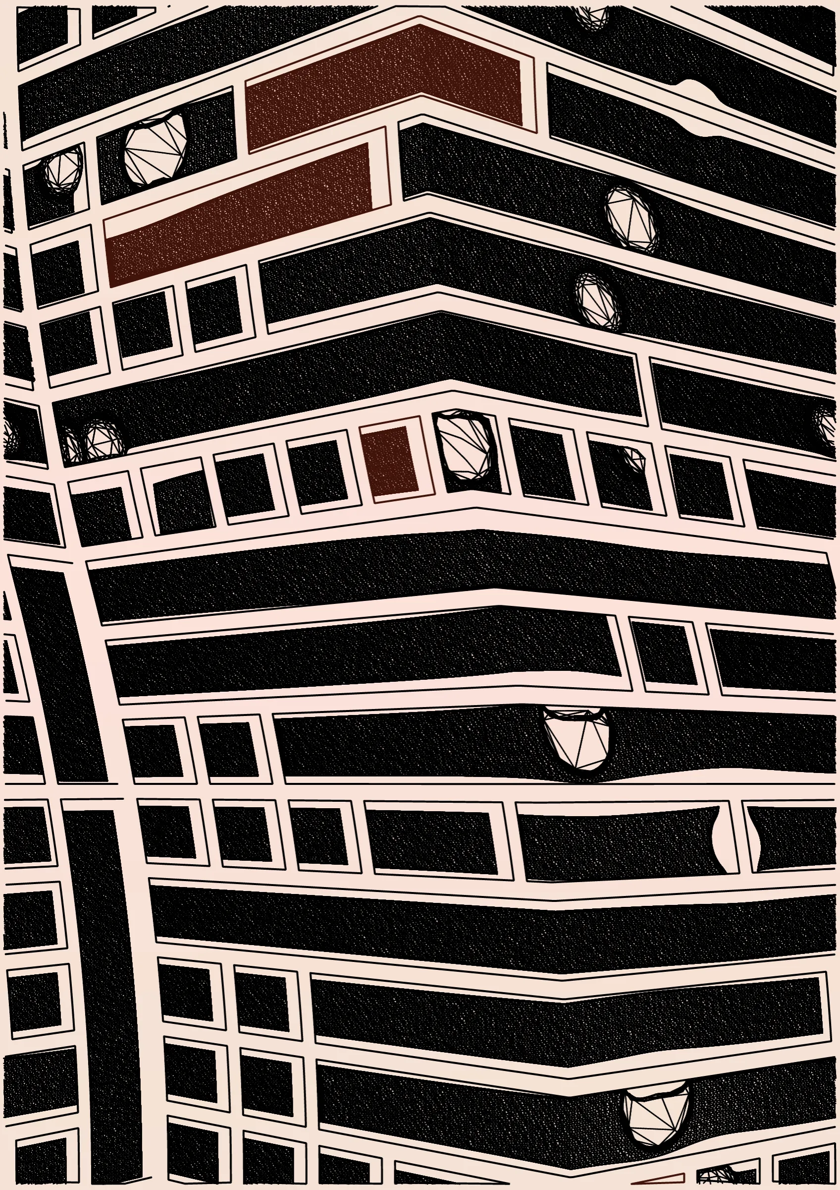 "Edifice" is a series of 976 massive, deteriorating structures built on strange terrain. It is an exploration of buildings being conceptualized, constructed, and eroded away under a wide variety of conditions. Edifice's outputs run the gamut between minimal and maximal, with some showing few large, static blocks of color, and others many small, highly textured and warped shapes. Each image is progressively constructed in front of the viewer's eyes. It is a system full of surprises that I'm excited to share with the world.
