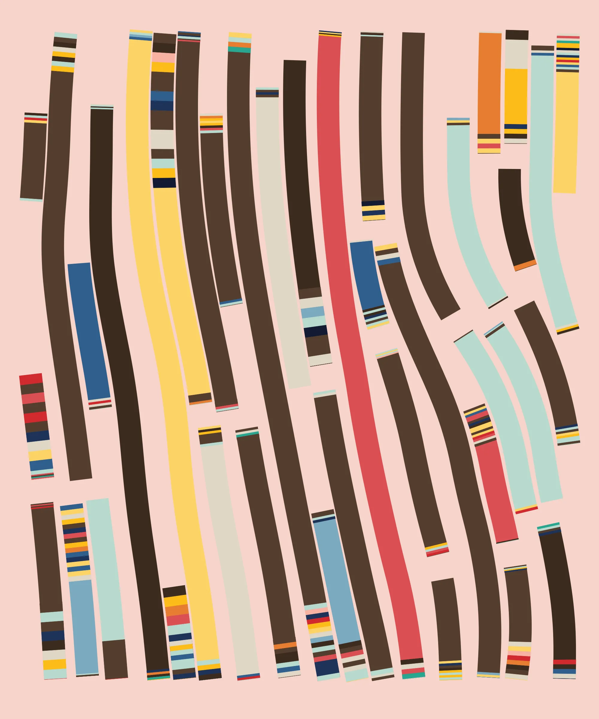 Fidenza is by far my most versatile algorithm to date. Although the program stays focused on structured curves and blocks, the varieties of scale, organization, texture, and color usage it can employ create a wide array of generative possibilities.