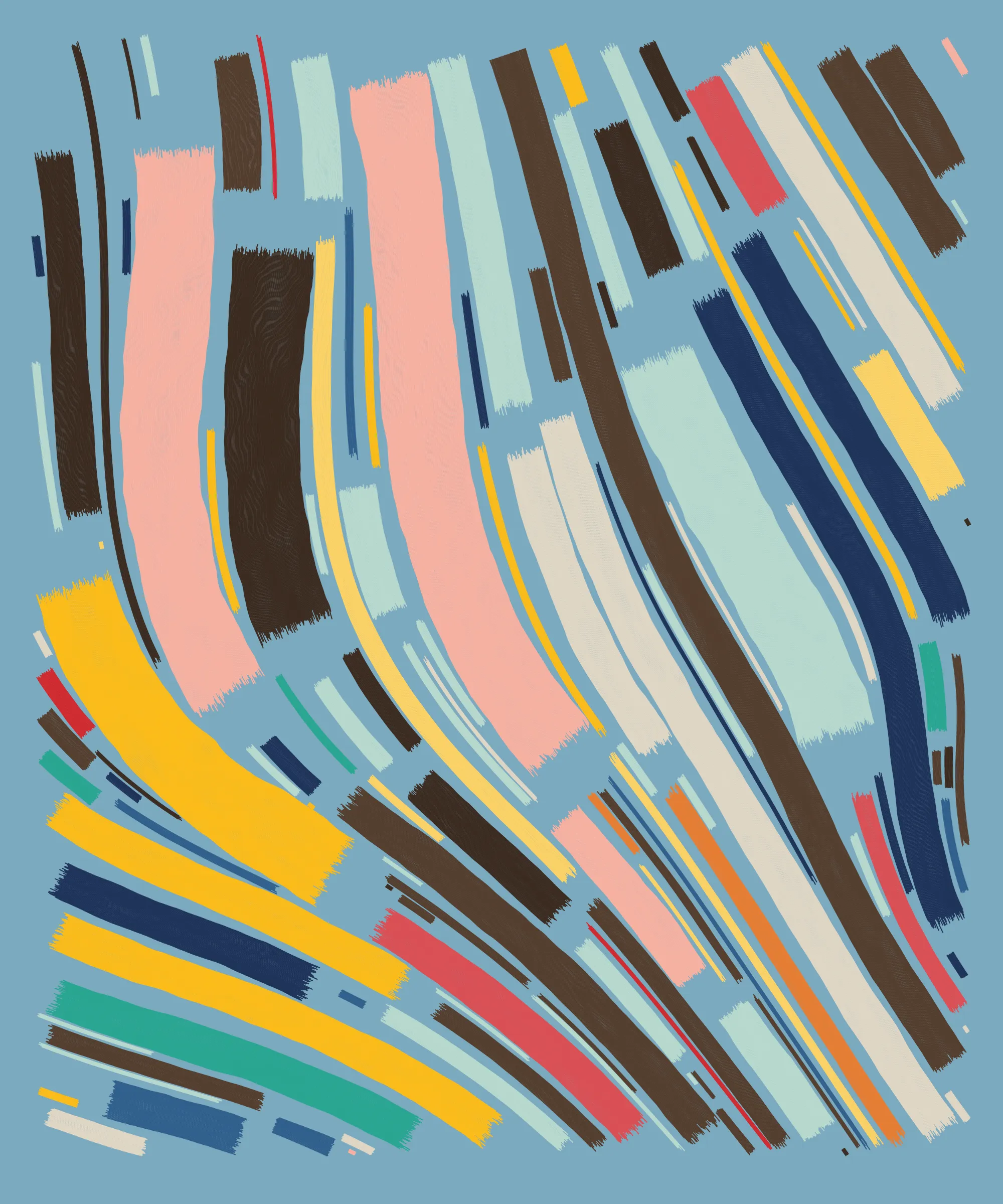 Fidenza is by far my most versatile algorithm to date. Although the program stays focused on structured curves and blocks, the varieties of scale, organization, texture, and color usage it can employ create a wide array of generative possibilities.