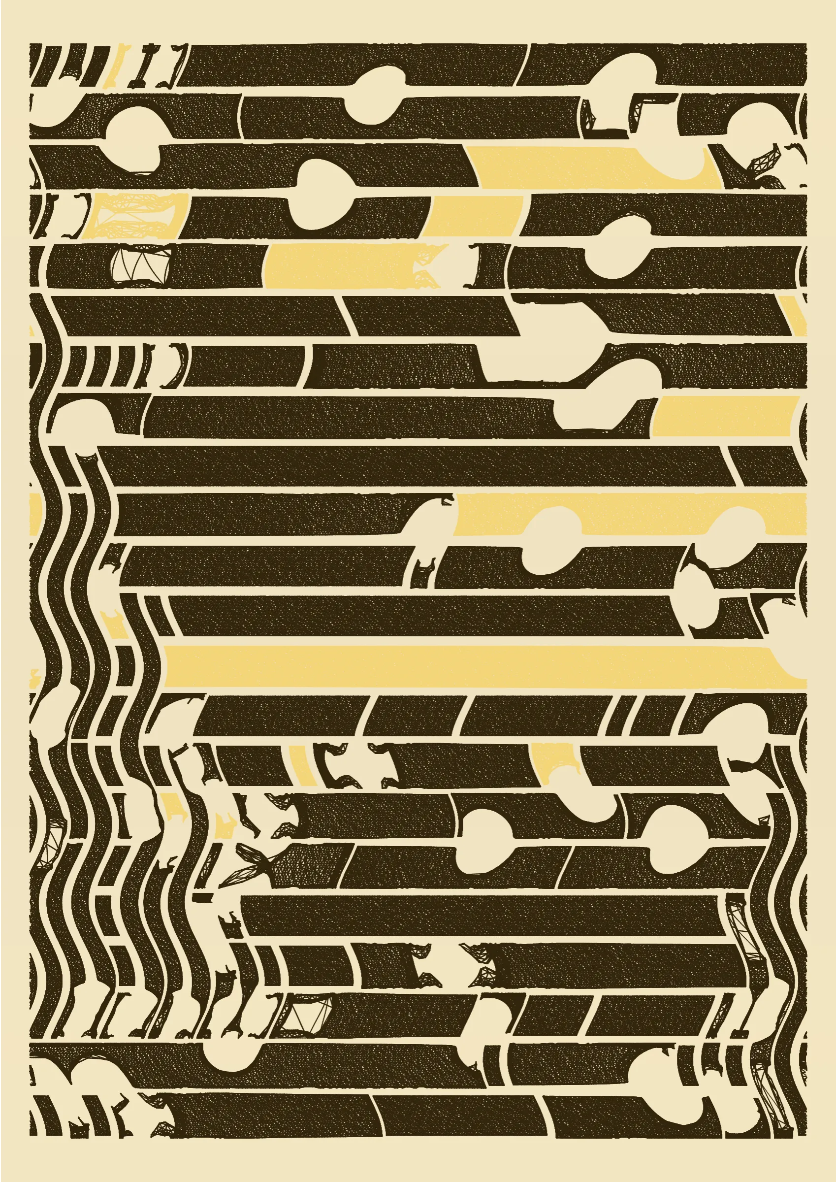 "Edifice" is a series of 976 massive, deteriorating structures built on strange terrain. It is an exploration of buildings being conceptualized, constructed, and eroded away under a wide variety of conditions. Edifice's outputs run the gamut between minimal and maximal, with some showing few large, static blocks of color, and others many small, highly textured and warped shapes. Each image is progressively constructed in front of the viewer's eyes. It is a system full of surprises that I'm excited to share with the world.