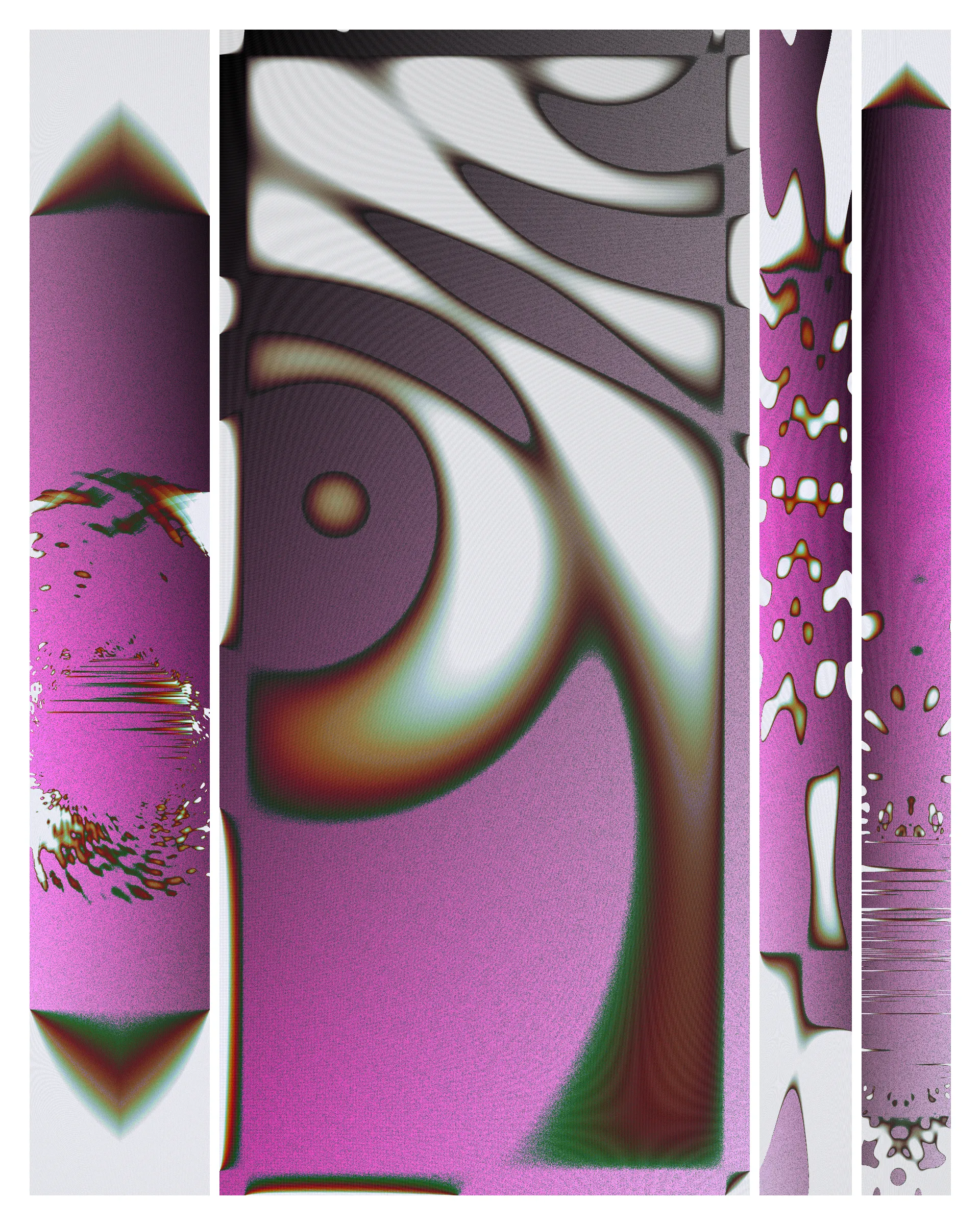 A photon is a particle representing a quantum of light. Because it travels at the speed-of-light, time and space as we understand it do not exist for this elementary particle. The Big Bang was less than an instant ago for the photon and yet it has already traversed the cosmos. Time and space to it is what? It's hard to say. The word non-dual comes to mind.

Some components in Photon’s Dream look like images from an electron microscope. Other parts have a more cosmic or planetary vista. Juxtaposing both creates tension and intrigue where the boundary between fine texture and grand architecture becomes blurred.

The expression ‘One in all: all in one’ is somehow embodied in the wavefield primitives used to make this art. Art that aspires to create both holistic simplicity and the mystery of deep complexity. The quasicrystal and hyperbolic geometry employed here are subjects to the artist that express what is beyond macro and micro, internal and external and ultimately self and other.