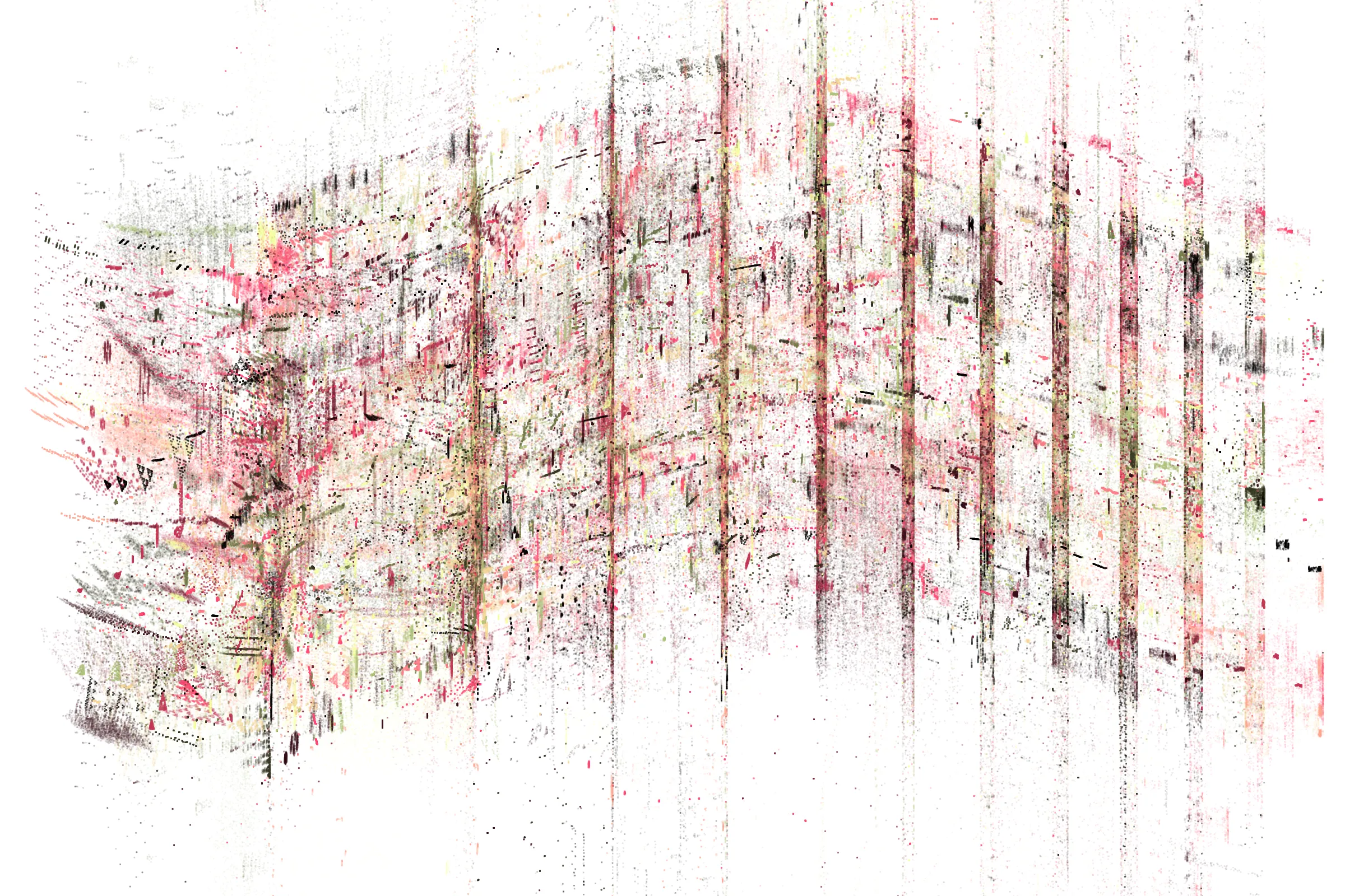 "Attraction" is a system that draws single pixels, one by one, according to a set of rules inspired by the 'Chaos Game'.
Additionally, trigonometric functions may be used to displace pixels, resulting in wave patterns.

All unique properties of each artwork are defined by the token's hash. This hash will set all the parameters: the color palette, the positioning of objects and the rules by which pixels are drawn.

By the nature of this system, several well known patterns from computing and math may appear in the artworks.