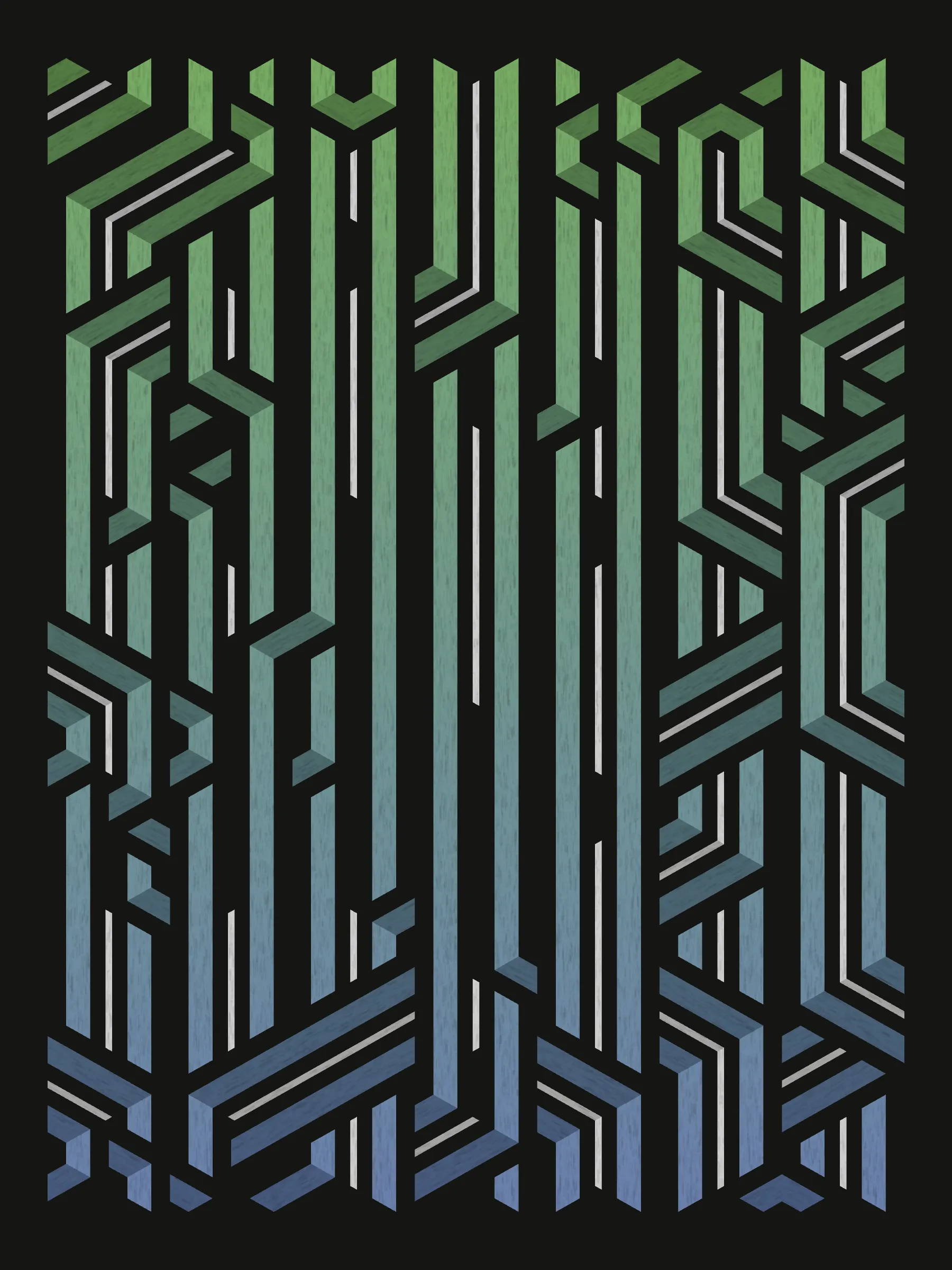 Lines are bent and shaded. There are no wrong turns. 

[Interaction in live view: press 1-7 or left/right arrow keys to see the stages of sketch construction: 1-grid, 2-divide, 3-tile, 4-bend, 5-shade, 6-color, 7-texture].