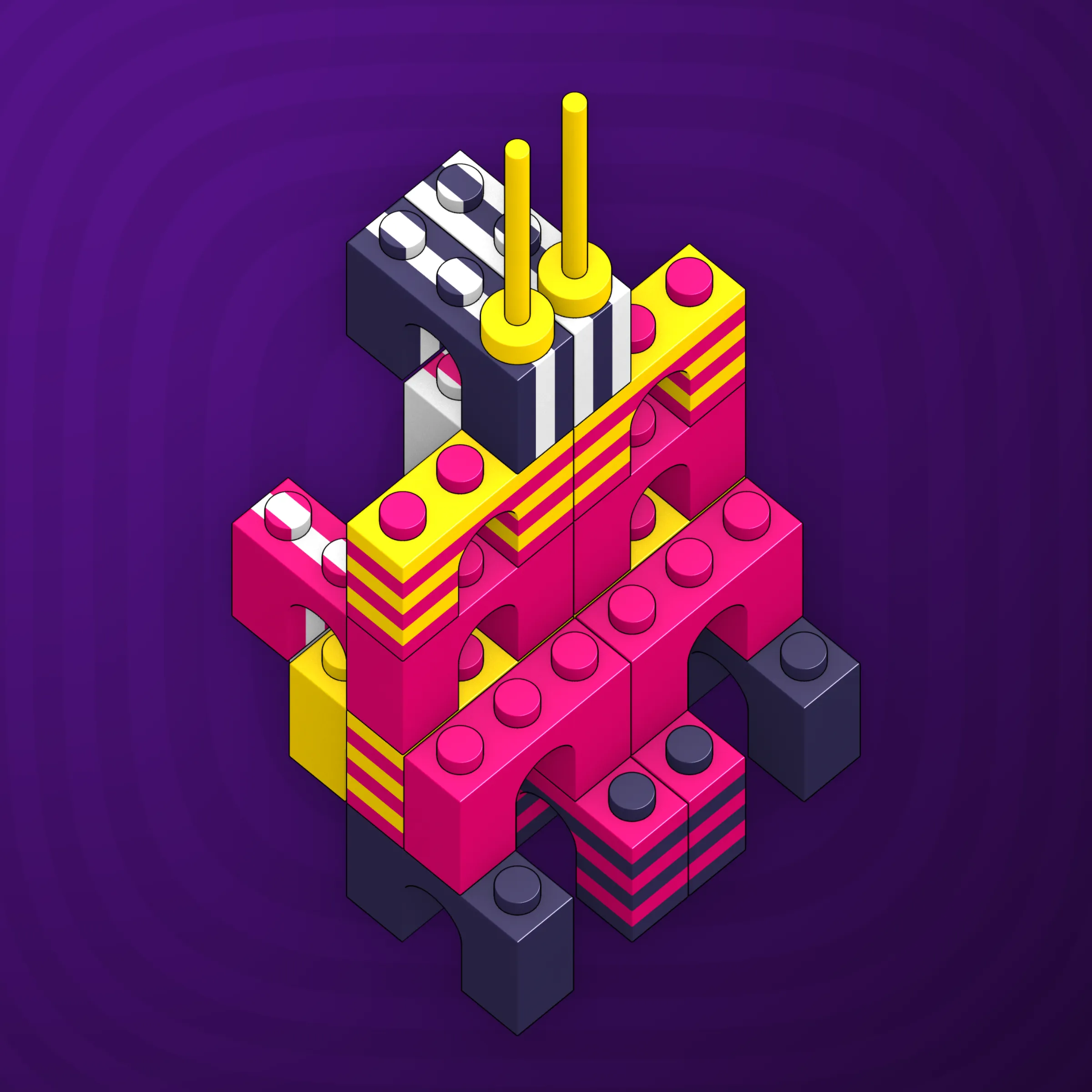 The project focuses on how easily one assigns meaning to seemingly random combinations of blocks, giving them personality and creating emotional connections.

I was inspired by Ringers, in which people see animals and other characters. I wanted to amplify this quality, and the idea of sculptures made of blocks clicked! Endless combinations, funny characters, and my passion for cubes, voxels, and modular systems.

To make the sculptures, I used technique of hybrid voxel raymarching, so we can say, the sculptures are made of colored void in a reflected space. Some of them may seem impossible due to the lack of perspective, but sooner or later it all clicks! It helps to keep in mind that all shapes are symmetrical.

The script uses modern features of GPU so it's supposed to work only on desktop: Chrome, Firefox or Safari