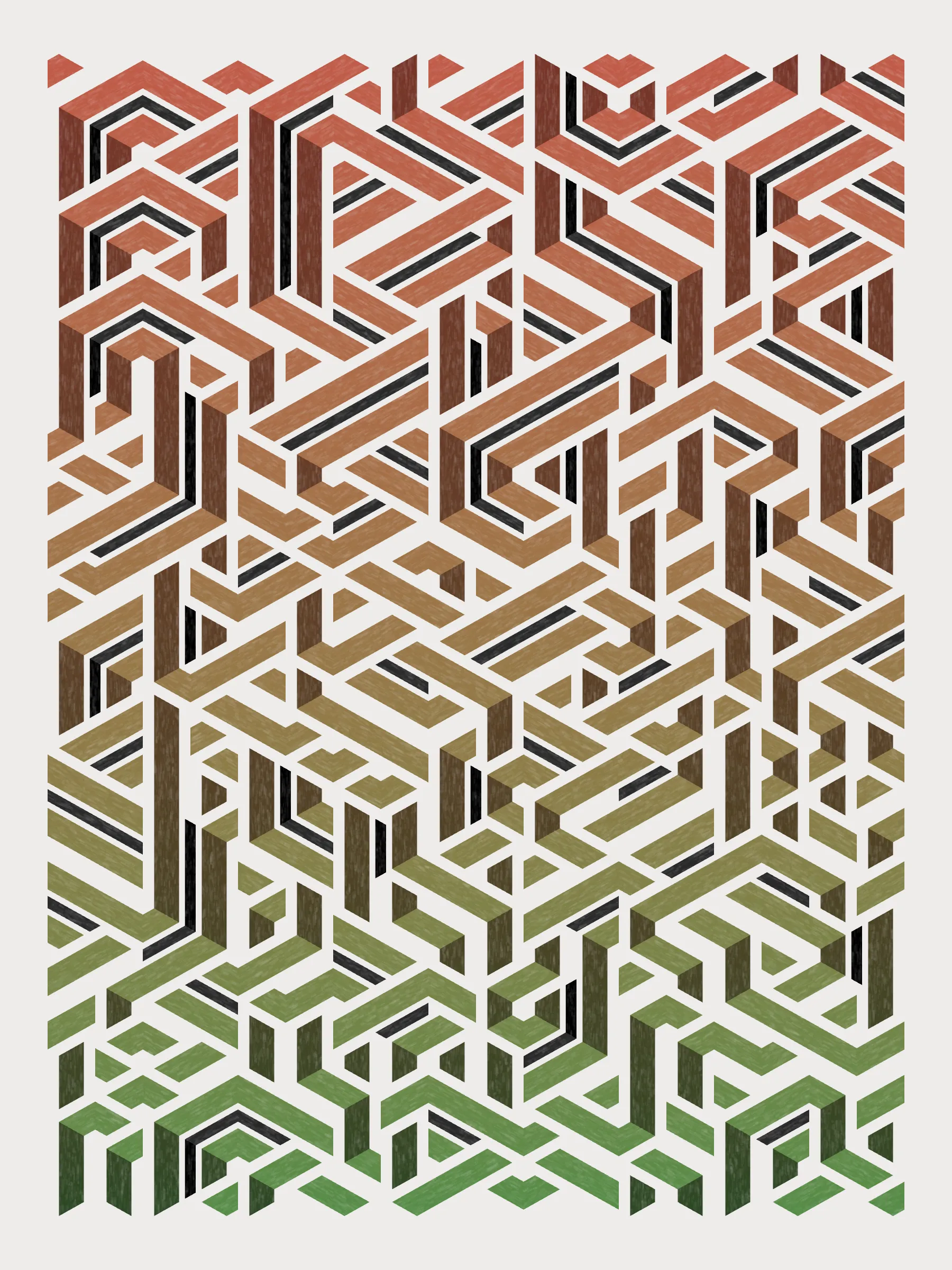 Lines are bent and shaded. There are no wrong turns. 

[Interaction in live view: press 1-7 or left/right arrow keys to see the stages of sketch construction: 1-grid, 2-divide, 3-tile, 4-bend, 5-shade, 6-color, 7-texture].