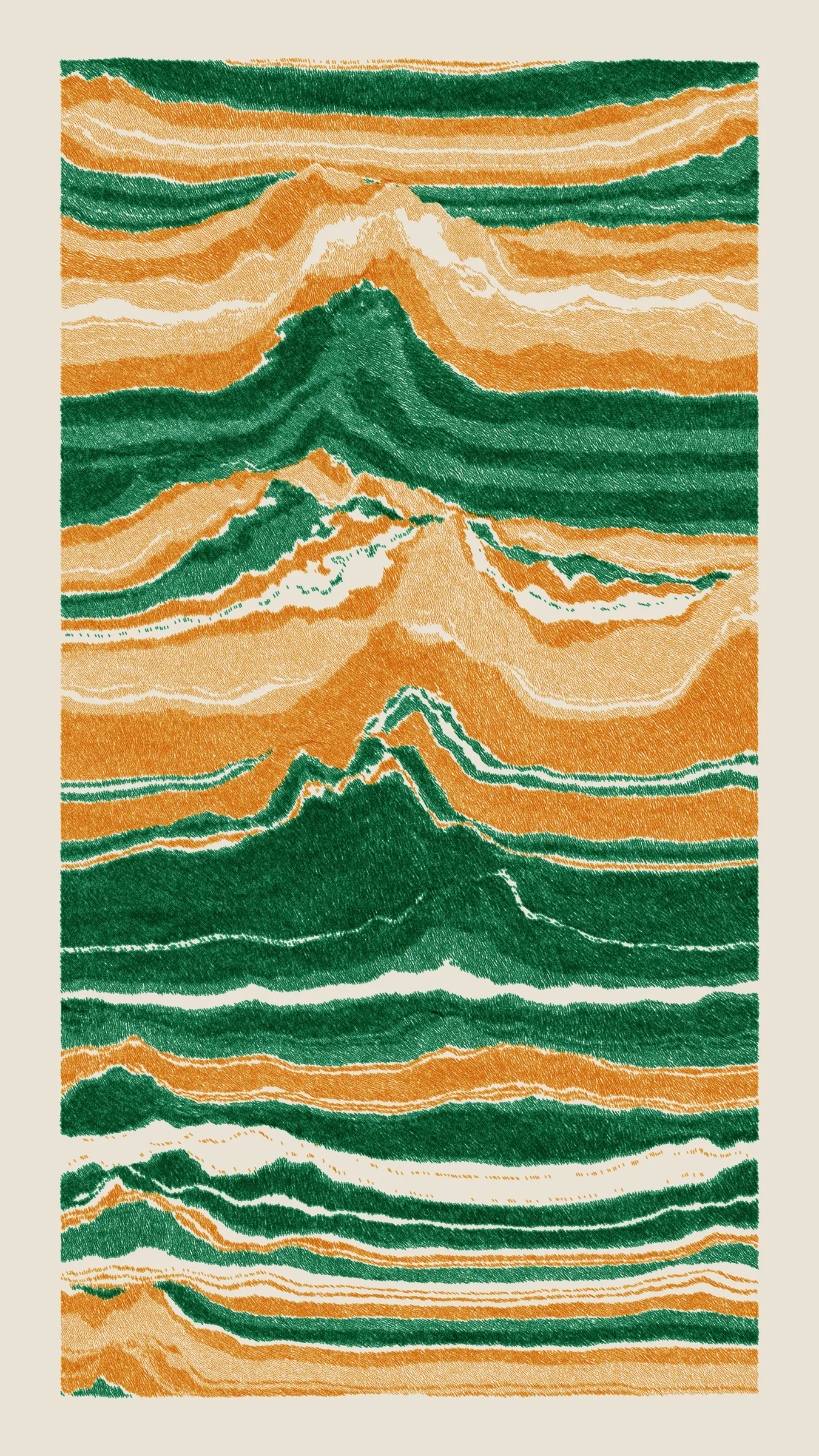Stratified landforms constructed from many small strokes of colour. The hash of each token describes a coordinate within a multidimensional generative space, locating a unique composition that lies along one of many possible longitudes.