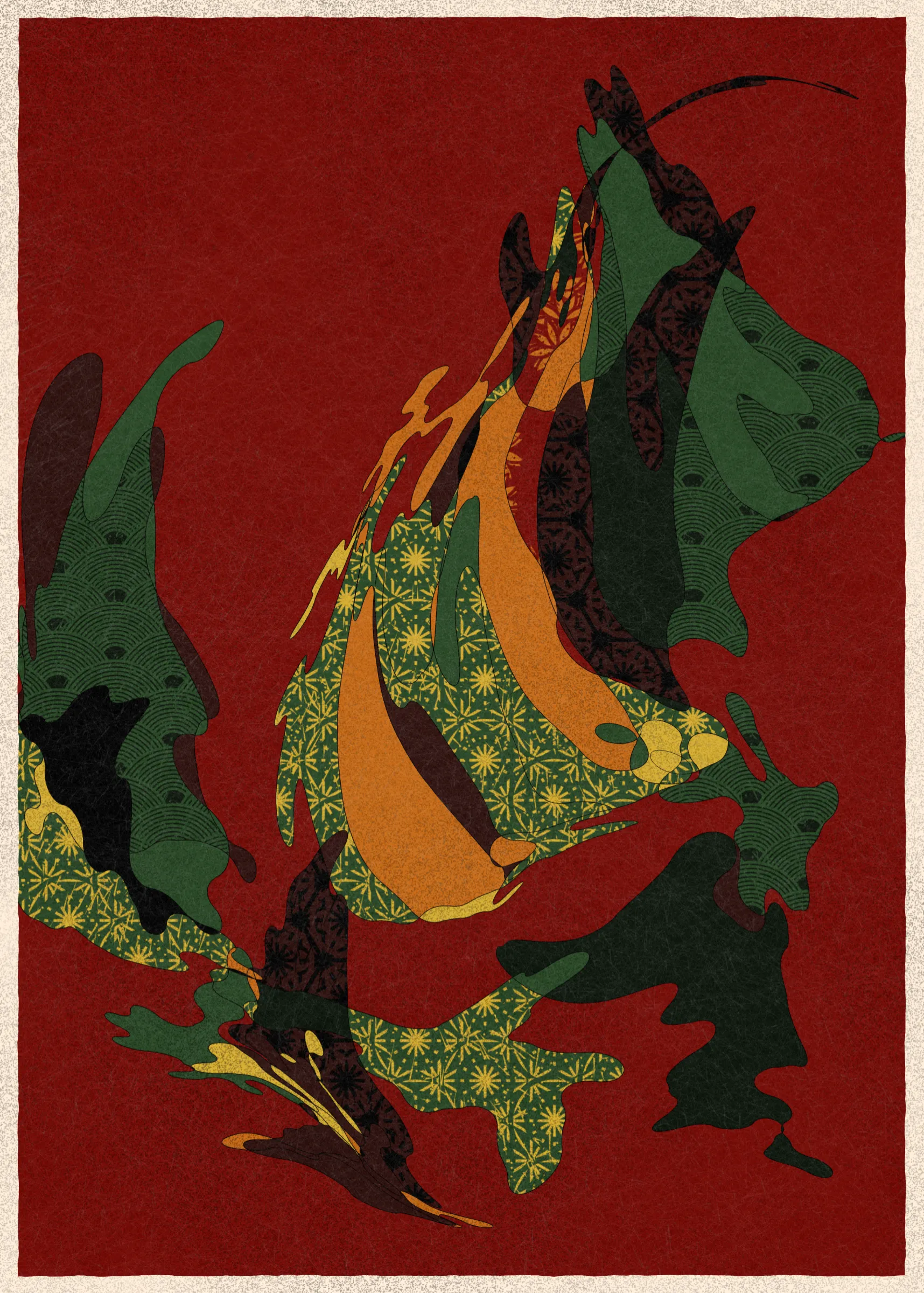 Memories of Qilin is inspired by traditional East Asian art. It channels the sense of movement and fluidity found in classical Chinese brushwork, while drawing from the colors, patterns, and forms of ukiyo-e woodblock prints. 

The series explores elements of folklore, evoking the mythological imagery of dragons, phoenixes, flowers, and mountains.  The title references a fabled chimerical beast found throughout East Asian mythology (while the qilin is its Chinese name, it is also known in Korea as the girin and Japan as the kirin) that represents prosperity and luck.

Viewers are invited to interpret elusive forms that verge on representation. As with the stories passed on through generations, each piece is imagined, organic, and ever-in-flux.