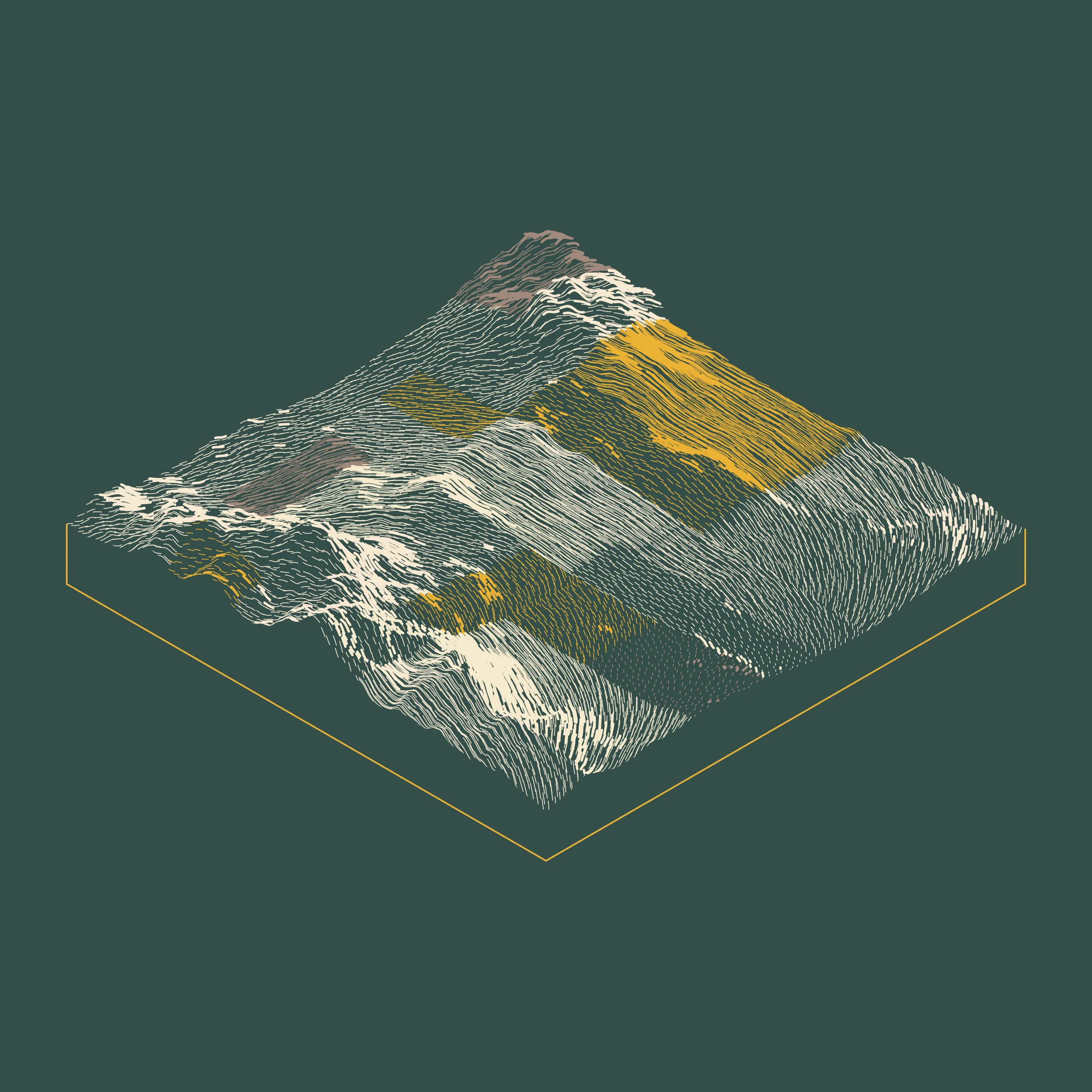 A generative algorithm that draws the impression of a landscape from a multitude of possibilities. The unique seed from each token drives the parametric assortment of lines, colors, and forms into a constructed composition.