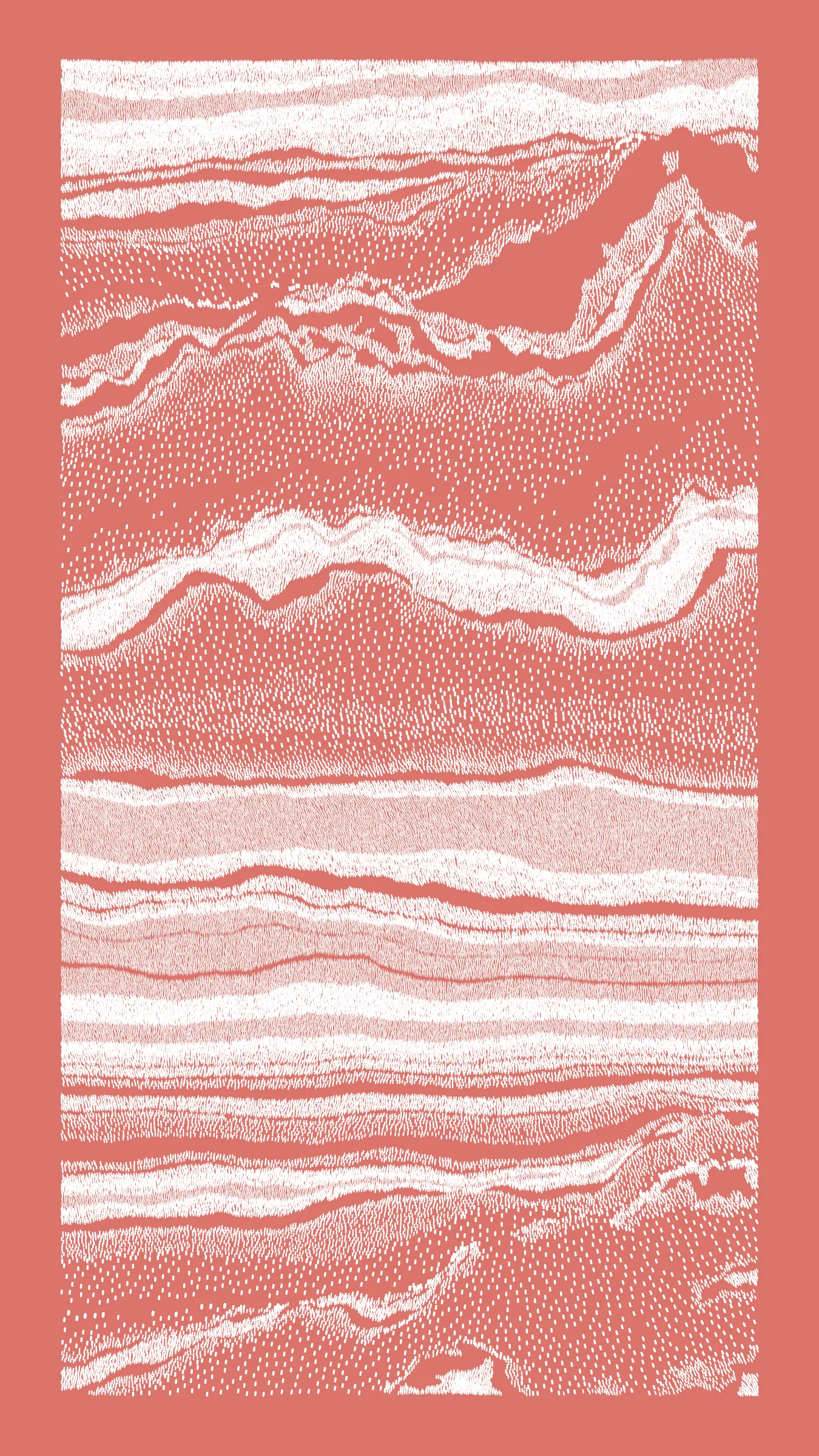 Stratified landforms constructed from many small strokes of colour. The hash of each token describes a coordinate within a multidimensional generative space, locating a unique composition that lies along one of many possible longitudes.