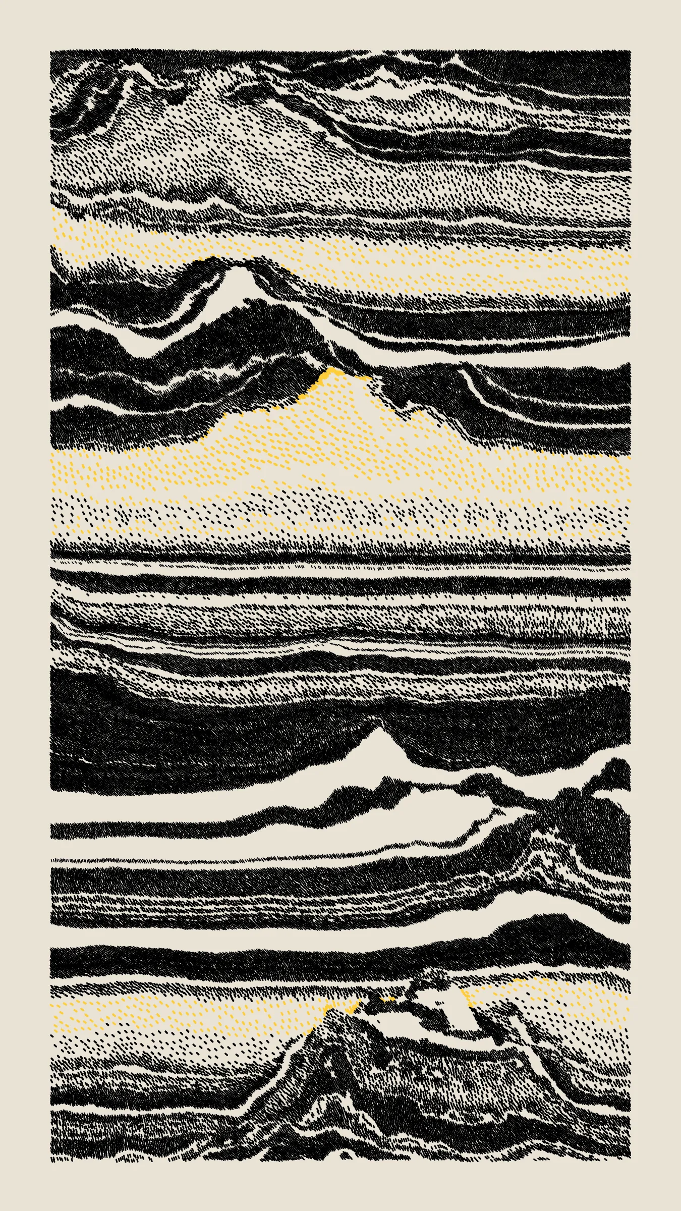 Stratified landforms constructed from many small strokes of colour. The hash of each token describes a coordinate within a multidimensional generative space, locating a unique composition that lies along one of many possible longitudes.