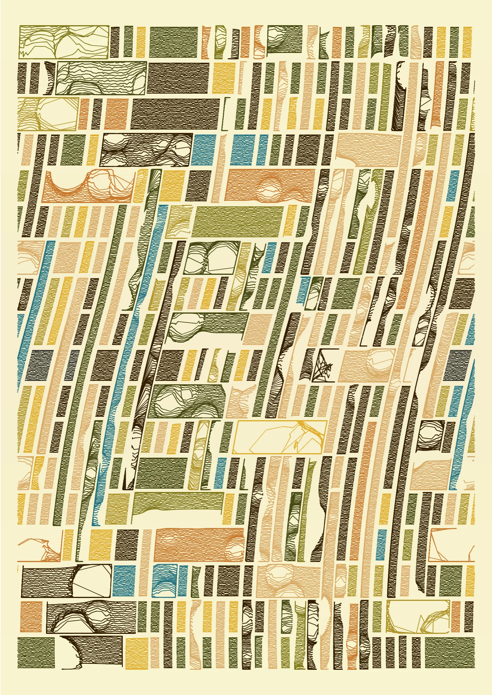 "Edifice" is a series of 976 massive, deteriorating structures built on strange terrain. It is an exploration of buildings being conceptualized, constructed, and eroded away under a wide variety of conditions. Edifice's outputs run the gamut between minimal and maximal, with some showing few large, static blocks of color, and others many small, highly textured and warped shapes. Each image is progressively constructed in front of the viewer's eyes. It is a system full of surprises that I'm excited to share with the world.