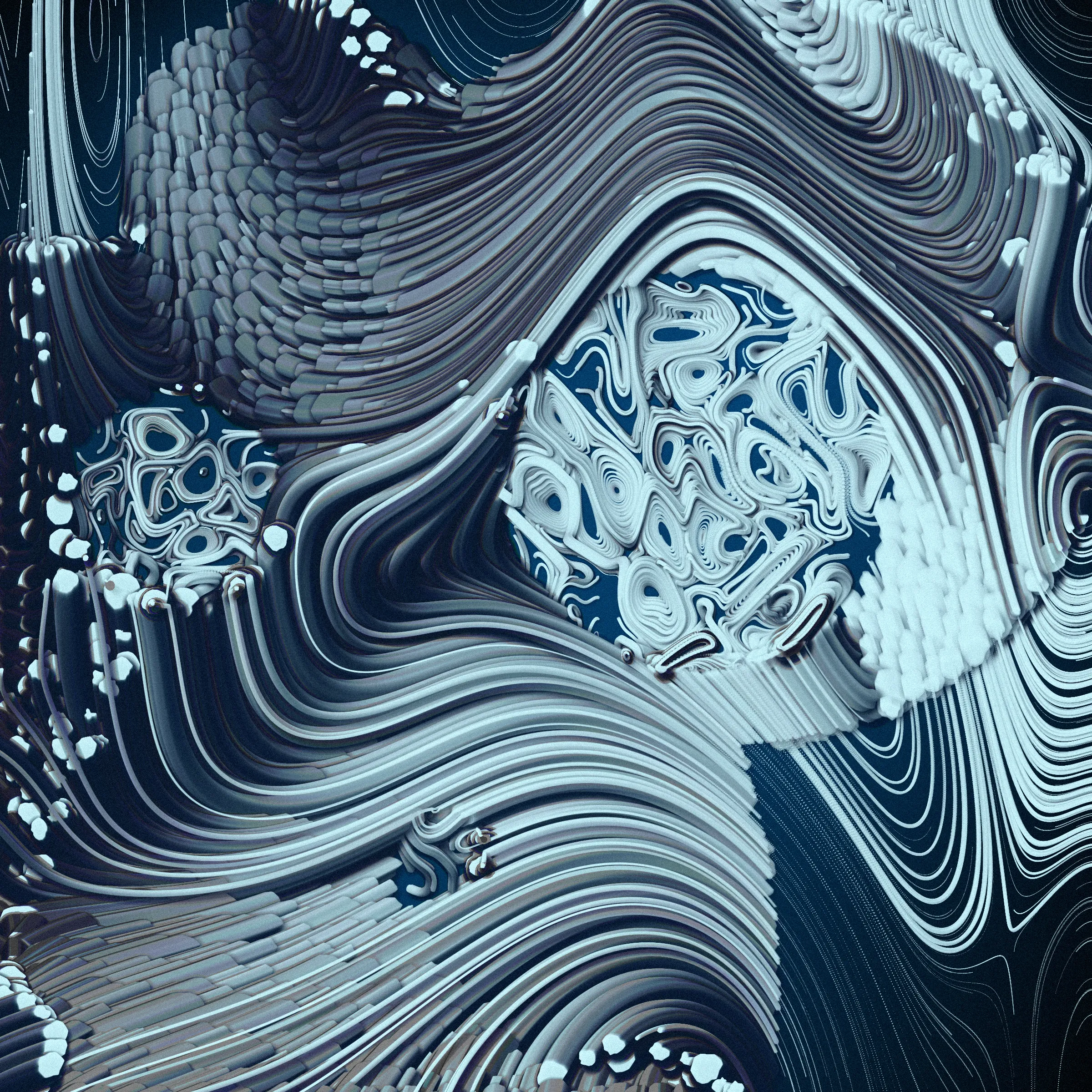 Drifting apart as the little islands that we are, you may ask yourself
_What is bigger - the inner space or the outer?_

This project was inspired by the multitudes we keep within us. The harsh shadows and the combination of pure 2d rendering with a 3d effect mimic feelings of separation from the rest of the world. Their undetermined scale reflects the seemingly unlimited depths of consciousness.

_The Inner World_ starts its rendering from one or more circular cores representing the centers of our personalities. Each of these cores spawns various thoughts and emotions, flowing as tendrils through the scene, making connections among themselves or reaching for the outside. Their movement ranges from straight and orderly to (seemingly) chaotic, sometimes twisting the clean underlying personality center into a completely different shape. Two rendering styles (illustrative and shaded) with palettes ranging from cool, gloomy and serious to cheerful or dramatic reflect the variety of predispositions.

While waiting for the rendering to complete, look at the focus animation highlighting the circular cores of your piece. You're invited to spend this time pondering how everything you know, everything you have or will ever experience, and even the most majestic sights from stars to microbes fit into the space between your ears.