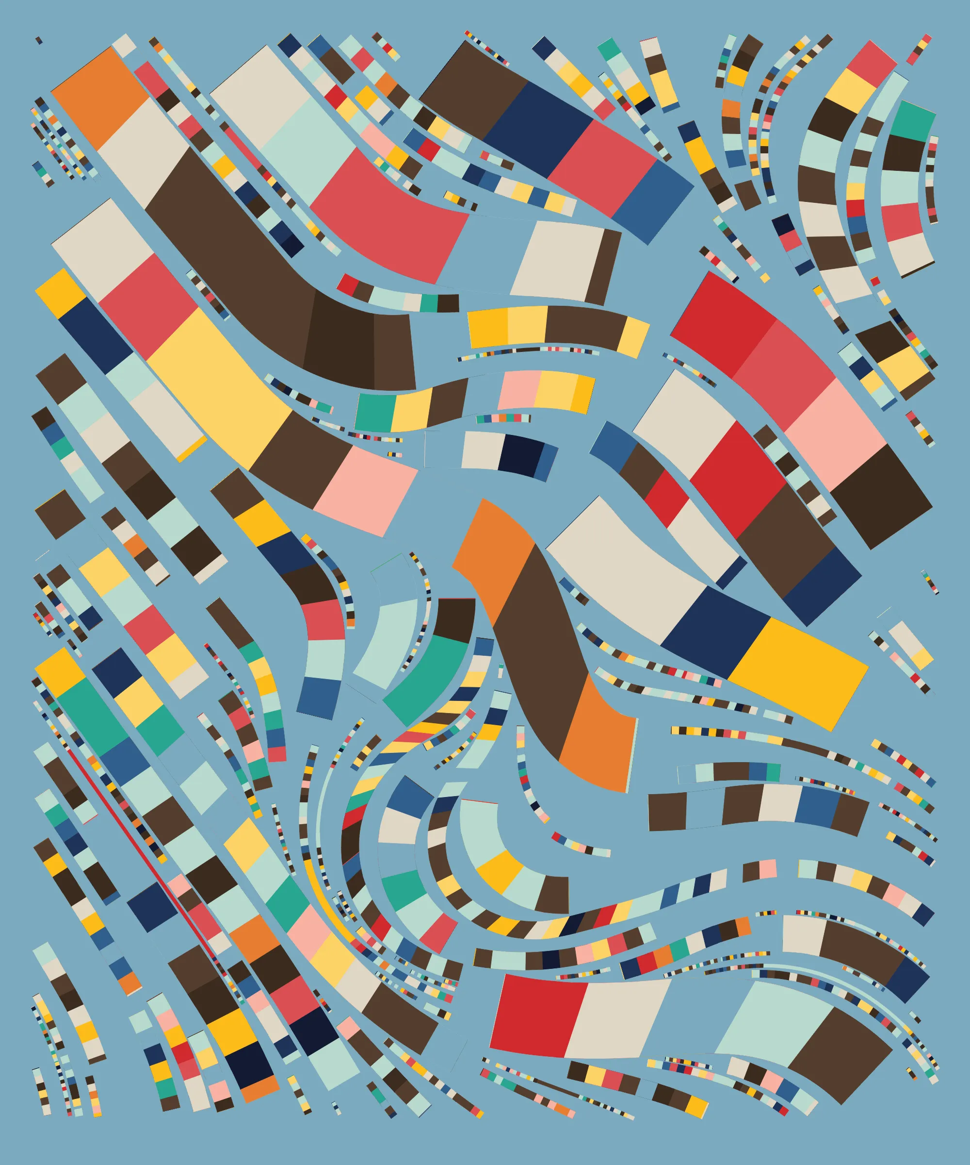 Fidenza is by far my most versatile algorithm to date. Although the program stays focused on structured curves and blocks, the varieties of scale, organization, texture, and color usage it can employ create a wide array of generative possibilities.
