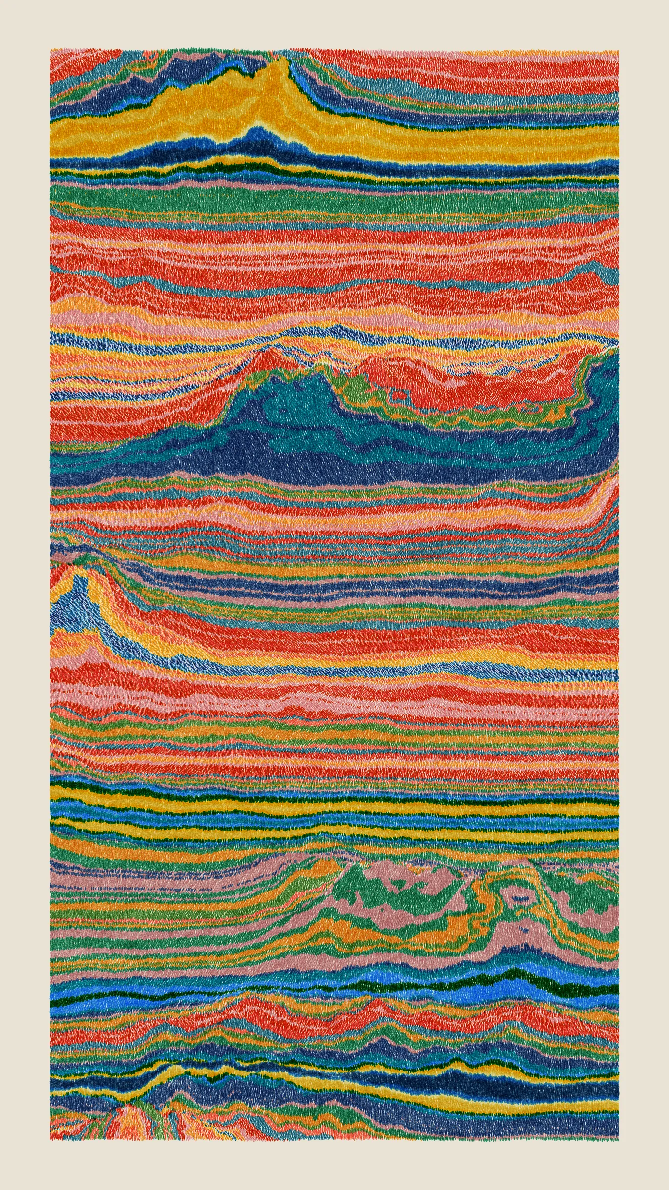 Stratified landforms constructed from many small strokes of colour. The hash of each token describes a coordinate within a multidimensional generative space, locating a unique composition that lies along one of many possible longitudes.