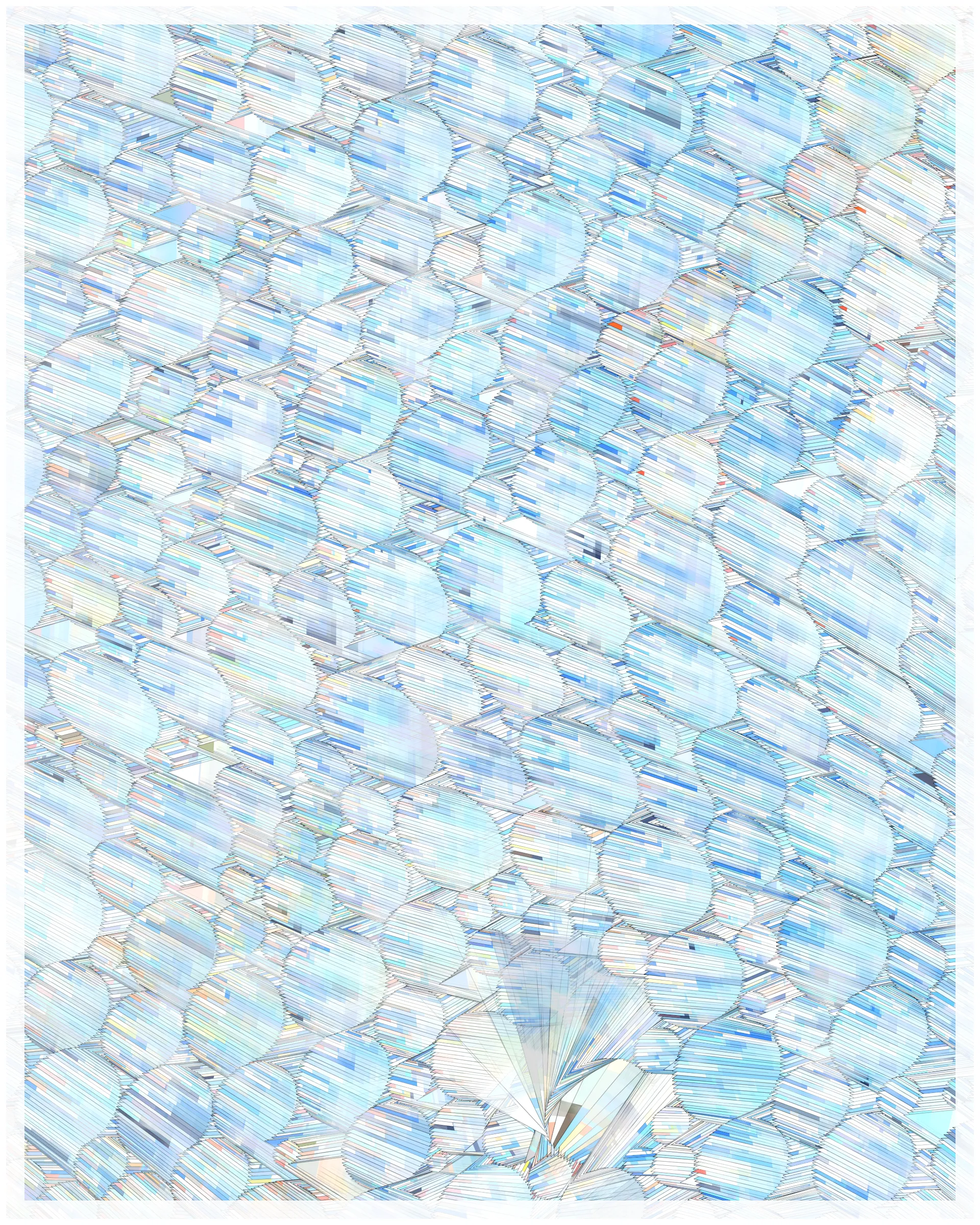 _There are no artifacts. There are only interpretations._

Glass is about the illusion of simplicity that cocoons us in our everyday existence. A glance at Glass may suggest a foam of bubbles or pebbles under clear water. But on inspection, these simple pictures dissolve. Instead of disks one finds stacked panes of translucent glass, intersecting and overlapping. There is dissonance between fine-scale chaos and the harmony of the aggregate. In Glass, two levels of reality -- panes of glass and the foam of bubbles -- are brought close together in scale, so that our oversimplified impression yields a palpable disquiet.

What appears simple is often anything but. Consider a standard wooden desk. To our eyes, it looks solid and continuous, but we know that it is made of atoms, tiny electrons orbiting nuclei. And these subatomic particles are themselves not like miniature solar systems, but creatures of quantum mechanics, stranger than we can imagine. The vast difference in scale between the atomic and the macroscopic hides this complex reality, but fundamentally it is the same phenomenon shown here.

Glass continues my exploration of emergence. While in previous work I explored how simple systems can create complex, emergent forms, here the interest is in the converse: how coherence is often deceptive, masking a complex underlying reality.

Glass draws on the aesthetic of Shin Hanga artists Hiroshi Yoshida and Kawase Hasui, and abstract expressionist Sonja Sekula. In live view, Glass has ambient motion: the shadows evolve, imperceptibly slowly.

The following variations & controls are possible. You may need to click on the canvas before they are active. For a high-resolution output, use the pixel density controls. For example, on a standard laptop, an image saved at pixel density 5 will be approximately 3200 x 4000 pixels, and therefore suitable for printing at ~ 11" x 13" at 300 dpi.

Variations (require redrawing):

f -- fit-to-screen on/off
o -- outline on/off

Controls:

s   -- save as png
spacebar  -- pause/unpause ( useful to reduce CPU load in Live mode )
b -- border on/off ( useful for printing )
1-9  -- set pixel density (default=2 on retina displays)
+/-  -- increase/decrease pixel density