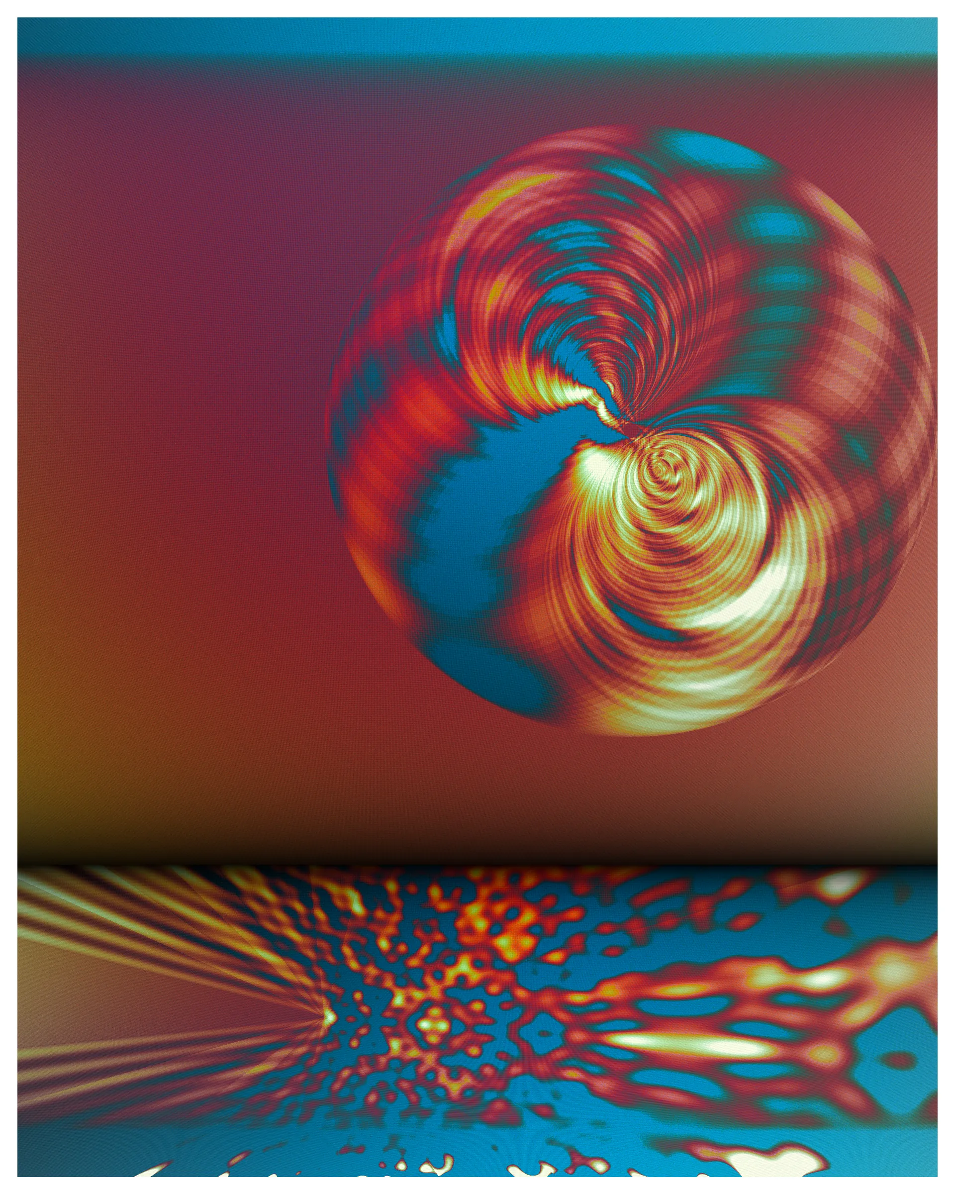 A photon is a particle representing a quantum of light. Because it travels at the speed-of-light, time and space as we understand it do not exist for this elementary particle. The Big Bang was less than an instant ago for the photon and yet it has already traversed the cosmos. Time and space to it is what? It's hard to say. The word non-dual comes to mind.

Some components in Photon’s Dream look like images from an electron microscope. Other parts have a more cosmic or planetary vista. Juxtaposing both creates tension and intrigue where the boundary between fine texture and grand architecture becomes blurred.

The expression ‘One in all: all in one’ is somehow embodied in the wavefield primitives used to make this art. Art that aspires to create both holistic simplicity and the mystery of deep complexity. The quasicrystal and hyperbolic geometry employed here are subjects to the artist that express what is beyond macro and micro, internal and external and ultimately self and other.