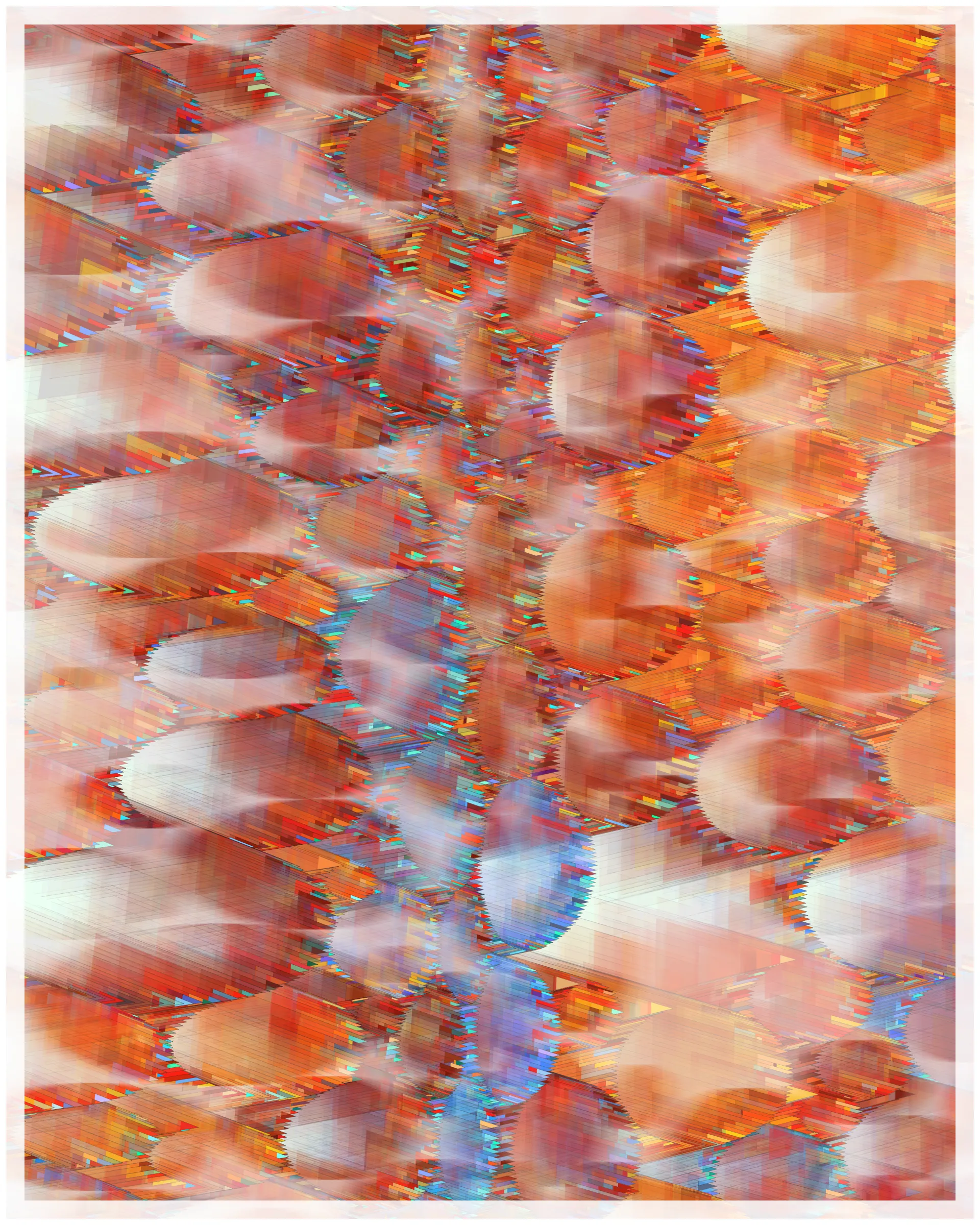 _There are no artifacts. There are only interpretations._

Glass is about the illusion of simplicity that cocoons us in our everyday existence. A glance at Glass may suggest a foam of bubbles or pebbles under clear water. But on inspection, these simple pictures dissolve. Instead of disks one finds stacked panes of translucent glass, intersecting and overlapping. There is dissonance between fine-scale chaos and the harmony of the aggregate. In Glass, two levels of reality -- panes of glass and the foam of bubbles -- are brought close together in scale, so that our oversimplified impression yields a palpable disquiet.

What appears simple is often anything but. Consider a standard wooden desk. To our eyes, it looks solid and continuous, but we know that it is made of atoms, tiny electrons orbiting nuclei. And these subatomic particles are themselves not like miniature solar systems, but creatures of quantum mechanics, stranger than we can imagine. The vast difference in scale between the atomic and the macroscopic hides this complex reality, but fundamentally it is the same phenomenon shown here.

Glass continues my exploration of emergence. While in previous work I explored how simple systems can create complex, emergent forms, here the interest is in the converse: how coherence is often deceptive, masking a complex underlying reality.

Glass draws on the aesthetic of Shin Hanga artists Hiroshi Yoshida and Kawase Hasui, and abstract expressionist Sonja Sekula. In live view, Glass has ambient motion: the shadows evolve, imperceptibly slowly.

The following variations & controls are possible. You may need to click on the canvas before they are active. For a high-resolution output, use the pixel density controls. For example, on a standard laptop, an image saved at pixel density 5 will be approximately 3200 x 4000 pixels, and therefore suitable for printing at ~ 11" x 13" at 300 dpi.

Variations (require redrawing):

f -- fit-to-screen on/off
o -- outline on/off

Controls:

s   -- save as png
spacebar  -- pause/unpause ( useful to reduce CPU load in Live mode )
b -- border on/off ( useful for printing )
1-9  -- set pixel density (default=2 on retina displays)
+/-  -- increase/decrease pixel density
