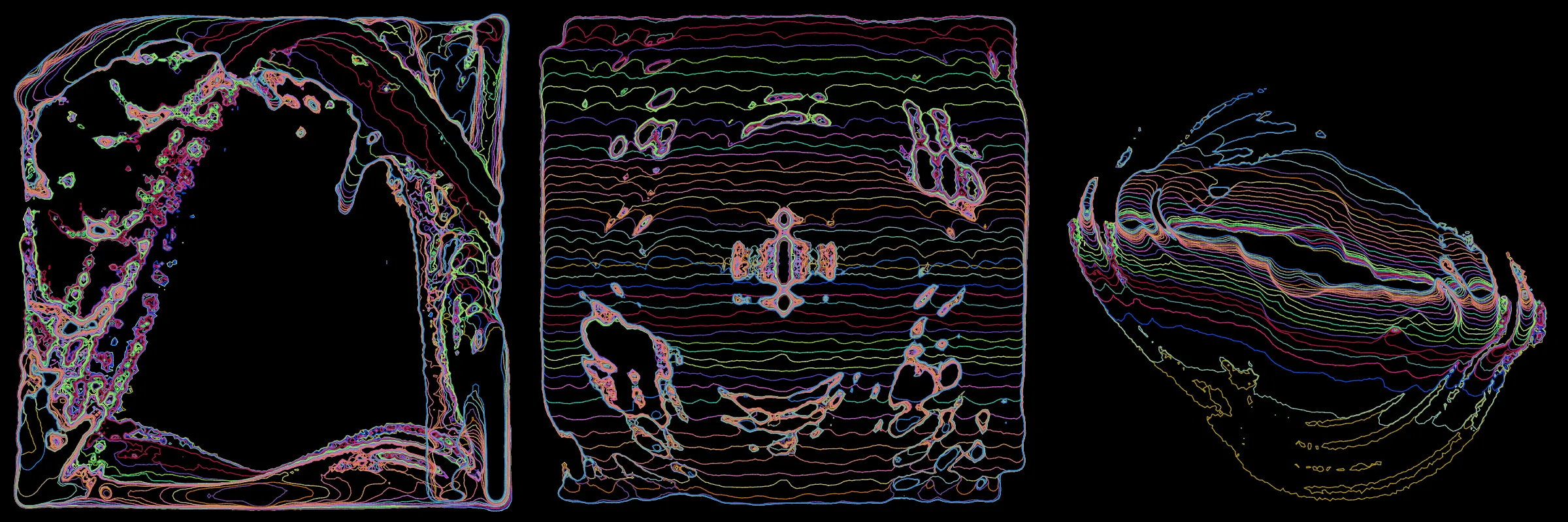 Primordial presents forms as diverse as those found in the natural world. The emergent system powering Primordial is capable of generating this diversity but is hard to control. After the initial generation there is a curation step; forms must meet certain criteria or the algorithm replaces them.

The forms produced by Primordial are presented in a triptych, as comparing multiple outputs is fundamental to understanding a generative algorithm. Primordial attempts to generate triptychs where the individual forms are related, and the results can be surprisingly harmonious or discordant.

Once the triptych is finalized, click on one of the forms to redraw a previous image. Press s to save the entire triptych, or 1-3 to save an individual image.