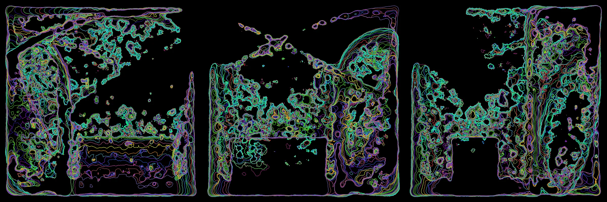 Primordial presents forms as diverse as those found in the natural world. The emergent system powering Primordial is capable of generating this diversity but is hard to control. After the initial generation there is a curation step; forms must meet certain criteria or the algorithm replaces them.

The forms produced by Primordial are presented in a triptych, as comparing multiple outputs is fundamental to understanding a generative algorithm. Primordial attempts to generate triptychs where the individual forms are related, and the results can be surprisingly harmonious or discordant.

Once the triptych is finalized, click on one of the forms to redraw a previous image. Press s to save the entire triptych, or 1-3 to save an individual image.