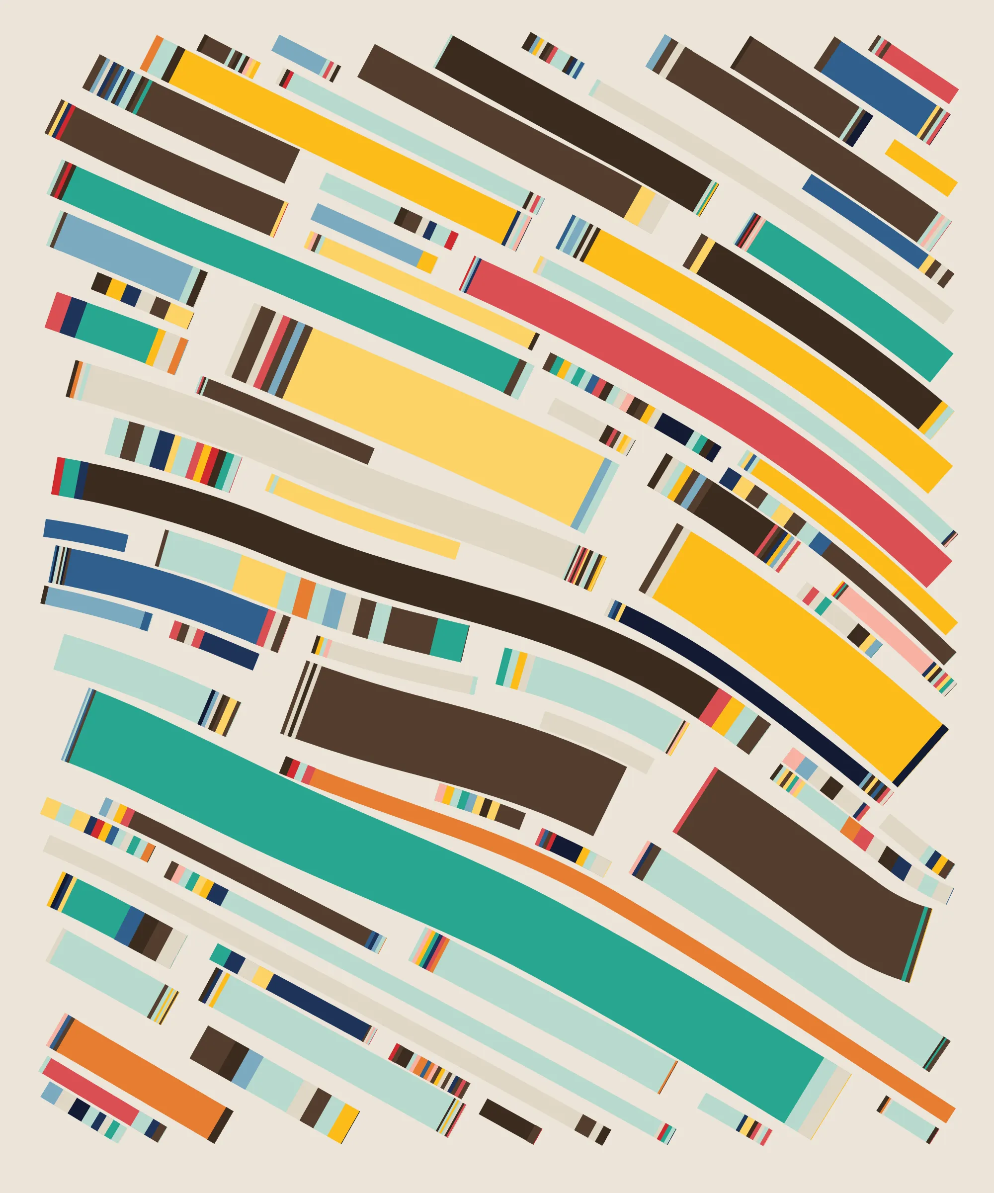 Fidenza is by far my most versatile algorithm to date. Although the program stays focused on structured curves and blocks, the varieties of scale, organization, texture, and color usage it can employ create a wide array of generative possibilities.
