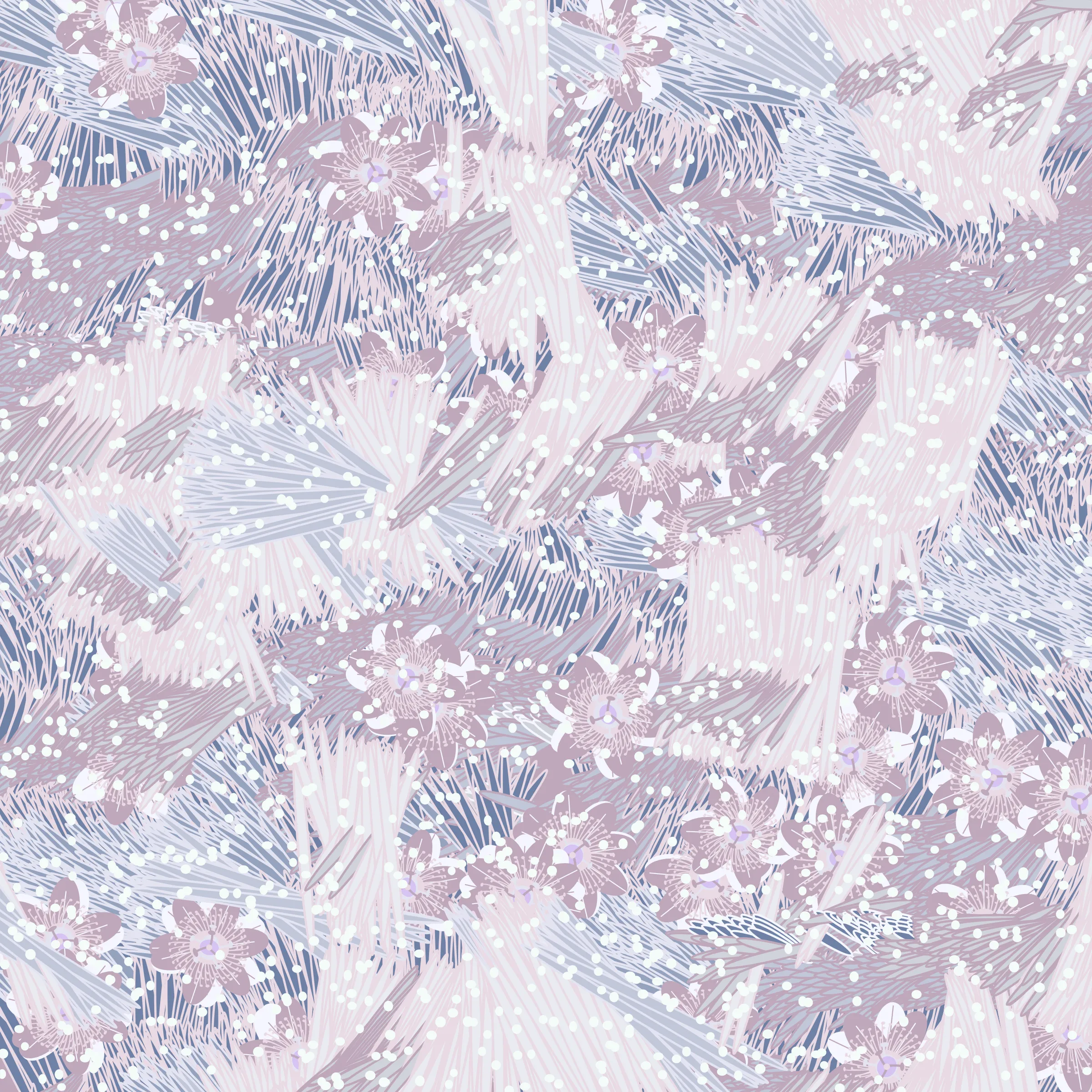 “Fragments of an infinite field” is a compositional system in which an idealized plant species is generated and arranged in a potentially infinite field of foliage. The main environmental parameter of the composition is the determination of a season of the year. The season determines the landscape’s colors and defines specific phenomena for each of them, such as rain in summer, snow in winter, petals falling in autumn, and pollen in spring. The flower has several possible variables, which can be macro aspects, affecting the entire population of the species, or micro, affecting each individual of the species differently. For example, the number of petals can be equal in all individuals or not. The number of filaments and other structures of the flower can undergo minor deviations, generating small mutations. The confusion between the figure (plant) and the background (earth, sky, other natural elements) is fascinating from a compositional point of view. The background colors are, most of the time, colors present in the figures, often breaking the boundary between them and, therefore, generating chromatic masses. In this project I also intend to research the following question: How to create parameters that resemble a living organism's growth? In this sense, the project approaches digital morphogenesis and the development of procedural organisms.