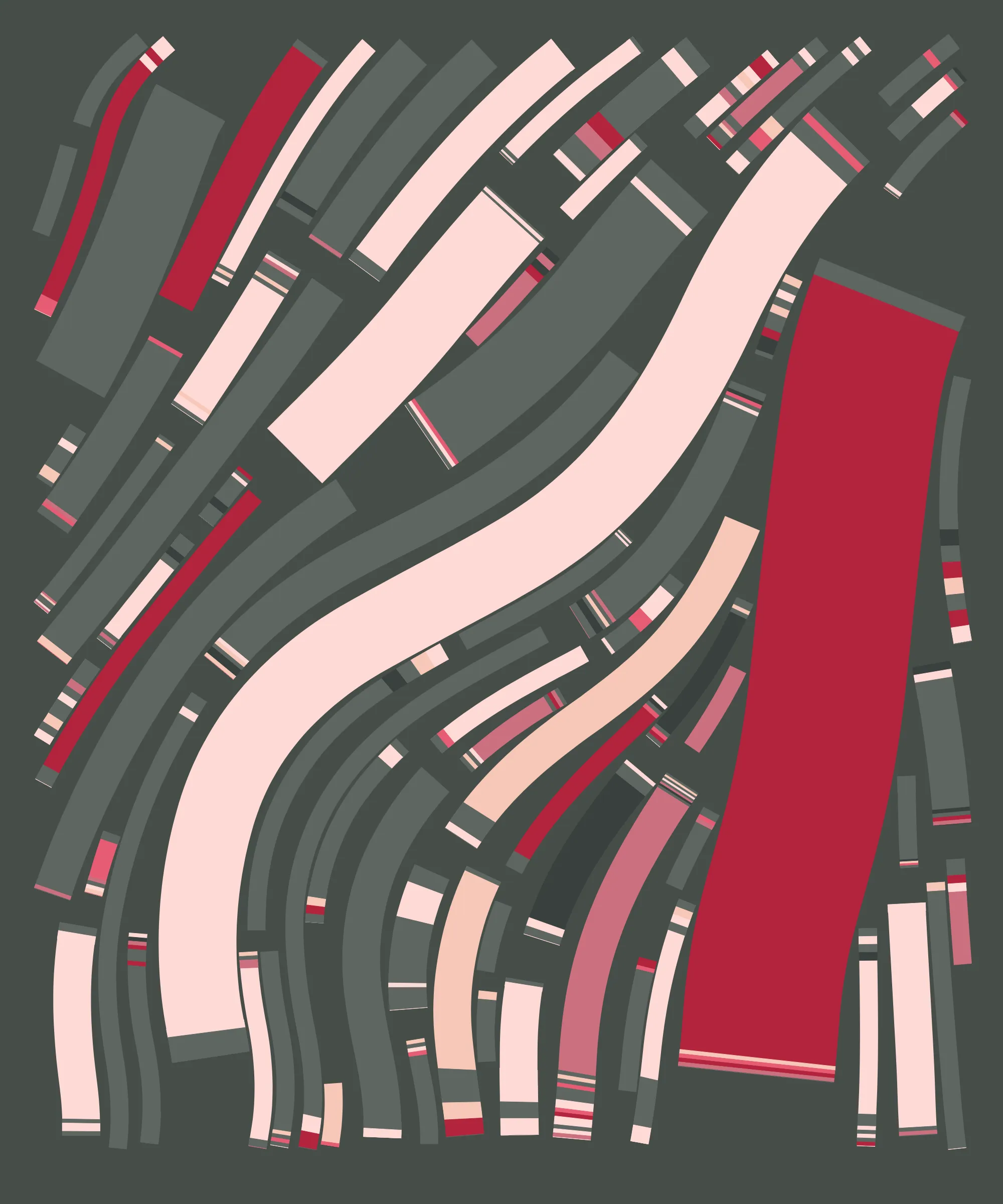 Fidenza is by far my most versatile algorithm to date. Although the program stays focused on structured curves and blocks, the varieties of scale, organization, texture, and color usage it can employ create a wide array of generative possibilities.
