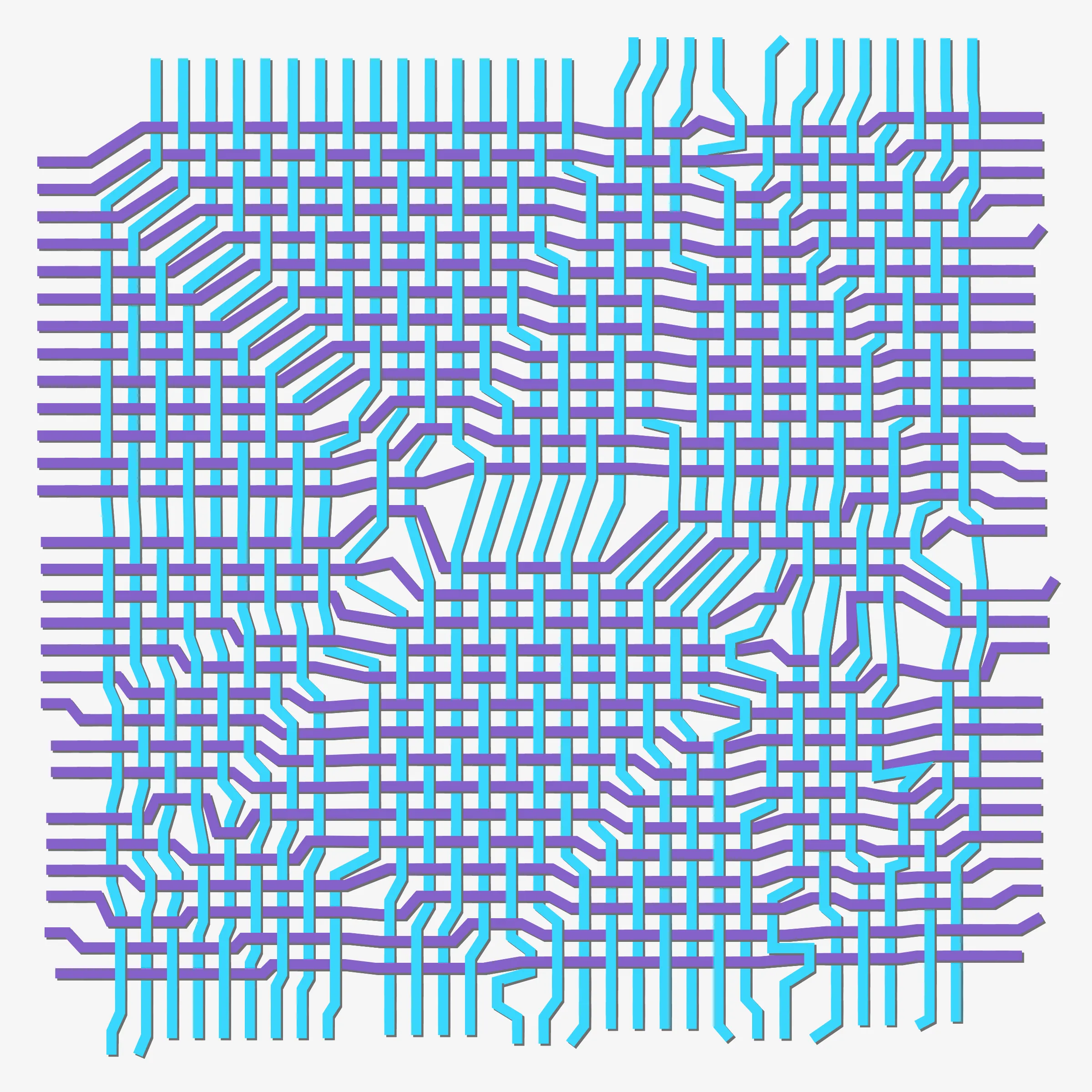 Horizontal and vertical threads weave together guided by a punching card generated at the moment of transaction. Often randomness distorts the orderly woven pattern. Thread colours are picked from a single colour palette. 10% of the sales from this drop will be donated to charity: water to bring clean and safe water to people in need.