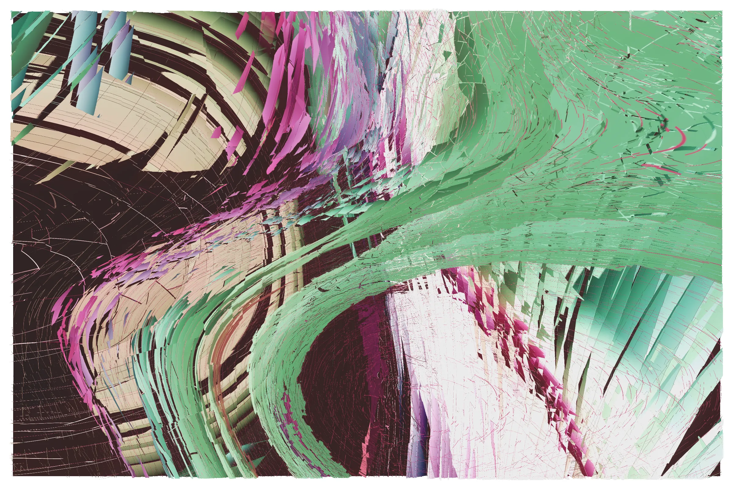 *Erratic : irregular in performance, behaviour, or attitude; inconsistent and unpredictable*

One’s harmony with the world can become severed while experiencing stress. Feeling lost or confused within a clouded mind, struggling to call upon a creative muse, defending your self-worth against creeping doubts, and projecting flashes of anger towards others. This torrent of bubbling turmoil can sustain by fixating on the moments of chaos, past, and present. Continuing to feed the storm in this way ultimately will lead to burdensome strife and a ravaged mind.

As a nascent artist working to hone my artistic abilities and establish myself within a historical art movement, I have often experienced stress along my journey. This collection captures these internal struggles as fragmented waves of colour arranged across a spectrum of relative calms, chaotic bursts, and winding paths. Each piece reflects a unique sense of uncertainty.

My intent for Erratic was to challenge myself to create a purist’s form of generative art, wherein a set of randomized values are shaped to be used directly as inputs into an instruction path that is consistent in execution and does not use branching conditionals as a means of achieving variety in composition, colour or form. By actively rejecting predetermined features in favour of shaping a domain that is acted upon consistently, I felt I could achieve occurrences of uniquely identifiable emergent design that I otherwise may not have discovered. The work begins with a euclidean coordinate space intended to render a smoothed half-torus which is then randomly mutated through progressive iterations of translations, rotations, polar reflections, slices, twists, and distortions. This pattern of operations produces a nearly infinite set, shaped only by the defined input ranges, from which each piece will be minted. Any knowledge of the instantiated values before viewing could not lead to any reasonable prediction of what will be rendered.