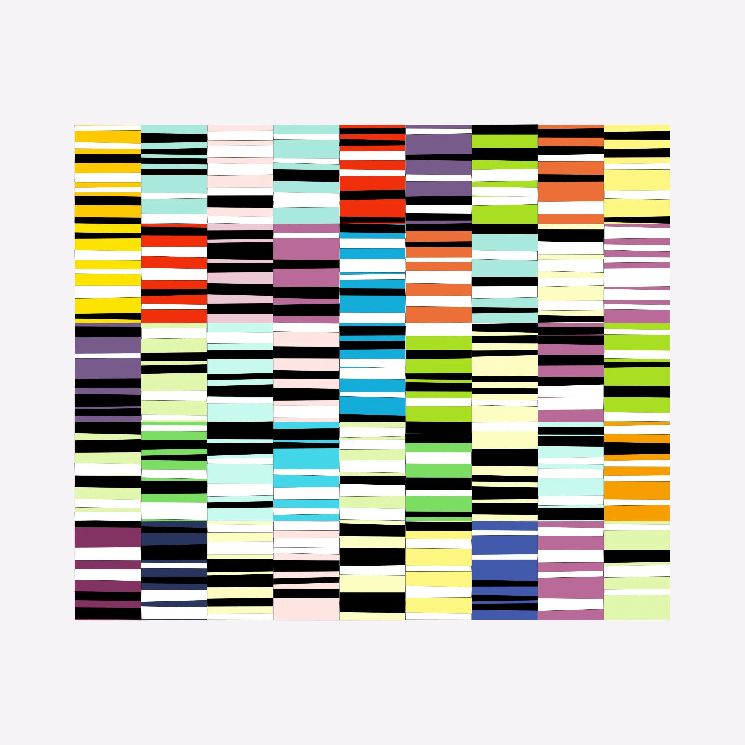 Attempts at perfection are destined to fail. This project embraces the impossibility of perfection in human execution and digitally simulates these imperfections.

In his abstract minimalist work, visual artist Wouter Kalis steers away from meaning. Horizontal black and white paper strips are placed on colored paper panels and one strip dictates the placing of the next. However, each attempt at perfection ends in failure. These mistakes have now become the signature of his work and contribute to the depth of content.

Digital representations of minimalist art can be executed to perfection but are less interesting to look at. In this project, artist Wouter Kalis and his son, software engineer Rosco Kalis, together attempt to recreate the human touch in digital art, the imperfection. 

The project displays computer-generated digital works similar to the physical works made out of paper. The colors of the digital panels are directly derived from the colors of the paper used for the physical work. The digital works can thus be reproduced using real paper. Please see the project website for details if you're interested in purchasing a handmade physical reproduction of your NFT.