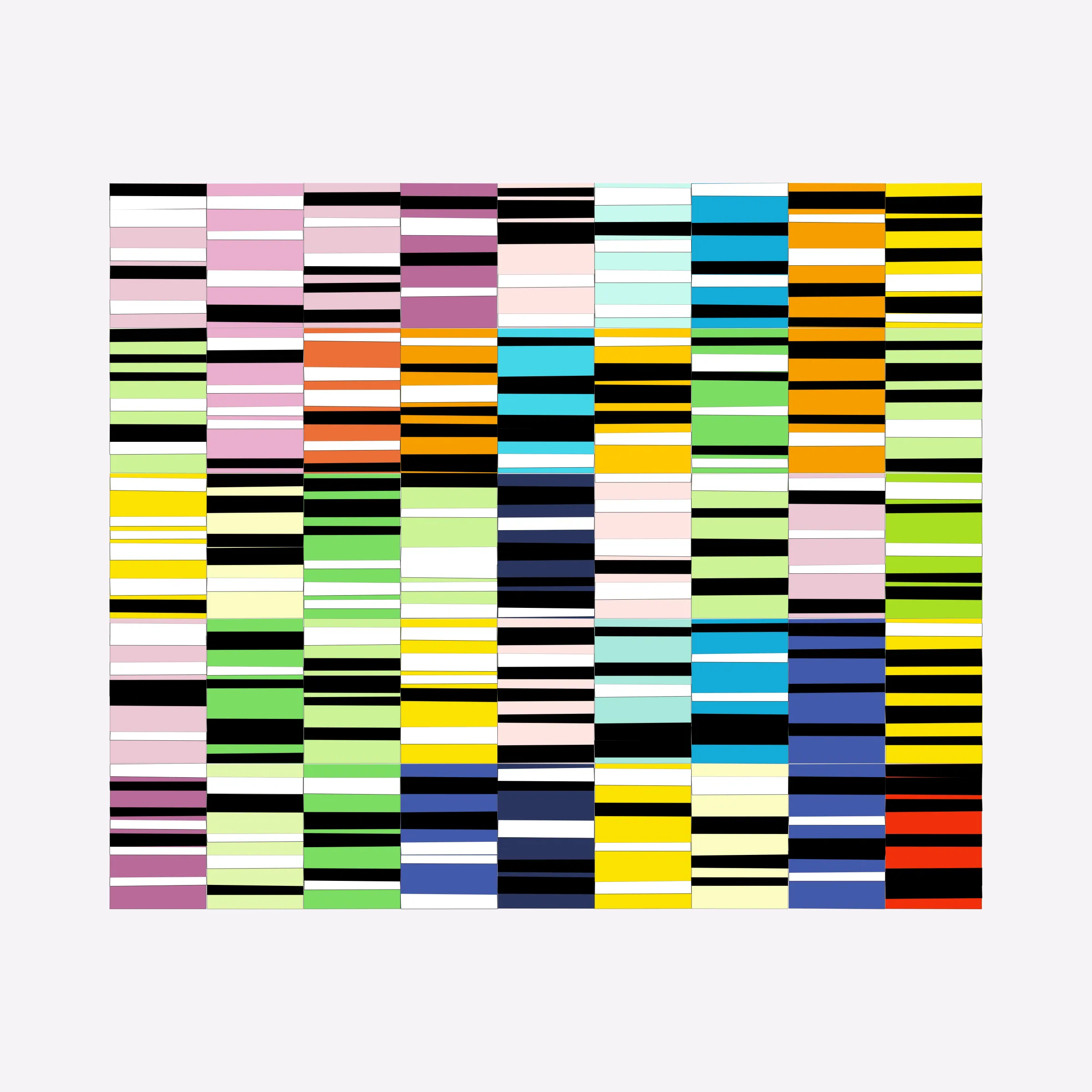 Attempts at perfection are destined to fail. This project embraces the impossibility of perfection in human execution and digitally simulates these imperfections.

In his abstract minimalist work, visual artist Wouter Kalis steers away from meaning. Horizontal black and white paper strips are placed on colored paper panels and one strip dictates the placing of the next. However, each attempt at perfection ends in failure. These mistakes have now become the signature of his work and contribute to the depth of content.

Digital representations of minimalist art can be executed to perfection but are less interesting to look at. In this project, artist Wouter Kalis and his son, software engineer Rosco Kalis, together attempt to recreate the human touch in digital art, the imperfection. 

The project displays computer-generated digital works similar to the physical works made out of paper. The colors of the digital panels are directly derived from the colors of the paper used for the physical work. The digital works can thus be reproduced using real paper. Please see the project website for details if you're interested in purchasing a handmade physical reproduction of your NFT.