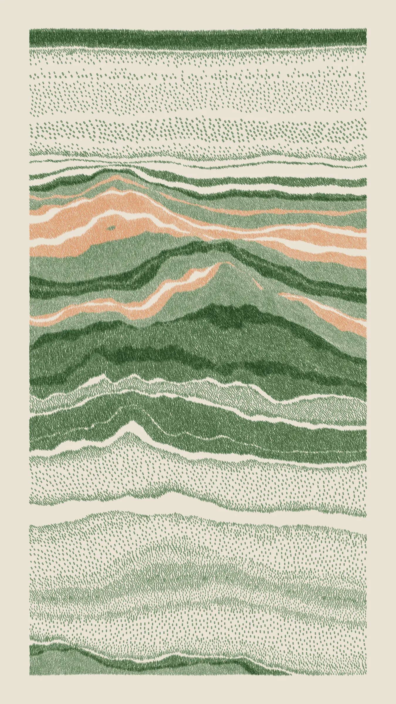 Stratified landforms constructed from many small strokes of colour. The hash of each token describes a coordinate within a multidimensional generative space, locating a unique composition that lies along one of many possible longitudes.