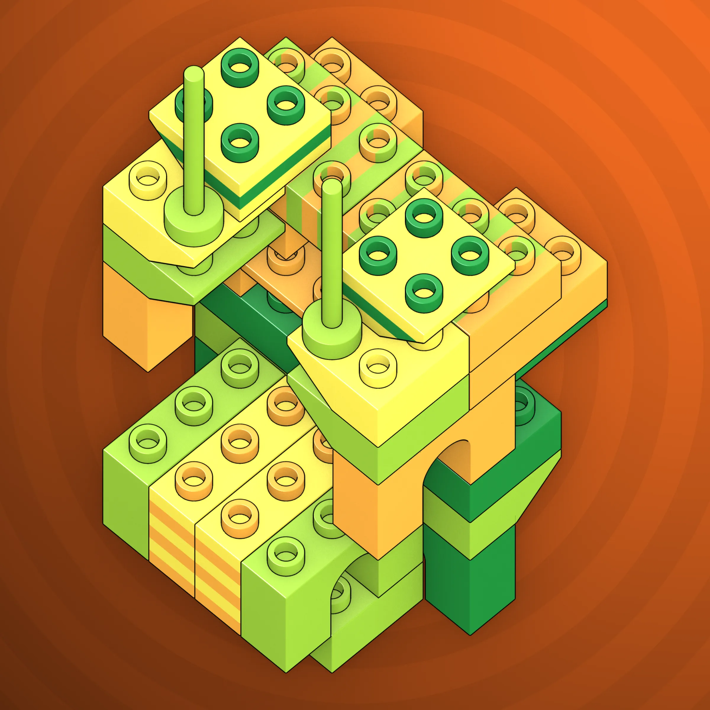 The project focuses on how easily one assigns meaning to seemingly random combinations of blocks, giving them personality and creating emotional connections.

I was inspired by Ringers, in which people see animals and other characters. I wanted to amplify this quality, and the idea of sculptures made of blocks clicked! Endless combinations, funny characters, and my passion for cubes, voxels, and modular systems.

To make the sculptures, I used technique of hybrid voxel raymarching, so we can say, the sculptures are made of colored void in a reflected space. Some of them may seem impossible due to the lack of perspective, but sooner or later it all clicks! It helps to keep in mind that all shapes are symmetrical.

The script uses modern features of GPU so it's supposed to work only on desktop: Chrome, Firefox or Safari