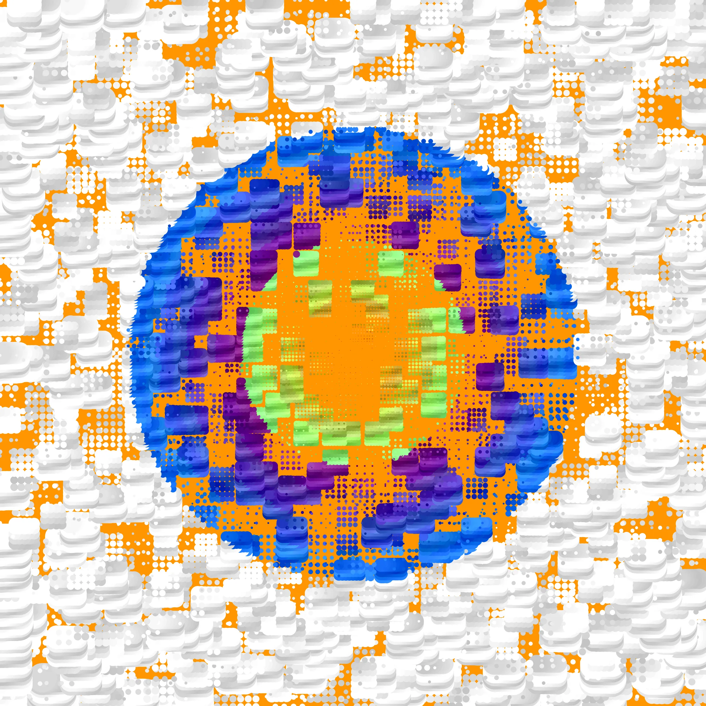 Dot Matrix Gradient Study takes my approach of splitting the canvas into "patches", which each have their own stipple sizing, density, and layering, and distorts this process to create outputs which blur the lines of recognizable stippling. This piece is an exploration of creating abstract forms with stippling rather than depicting figurative ones. All pieces in this series are composed purely with dots. Some more than others. 50% of sales proceeds from Dot Matrix Gradient Study were donated on-chain at the time of mint to GiveDirectly, where the funds will be directed to helping those in poverty. 