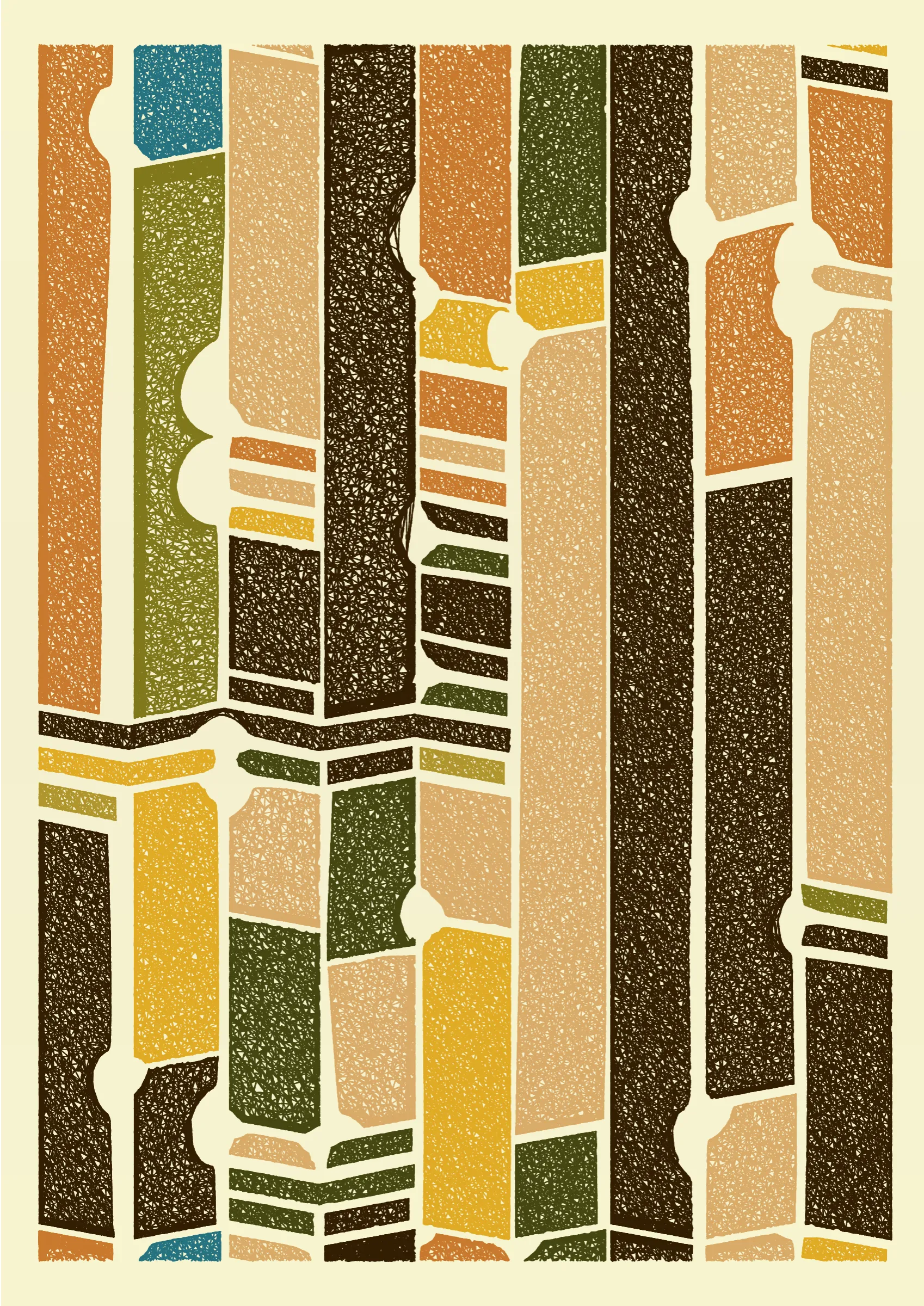 "Edifice" is a series of 976 massive, deteriorating structures built on strange terrain. It is an exploration of buildings being conceptualized, constructed, and eroded away under a wide variety of conditions. Edifice's outputs run the gamut between minimal and maximal, with some showing few large, static blocks of color, and others many small, highly textured and warped shapes. Each image is progressively constructed in front of the viewer's eyes. It is a system full of surprises that I'm excited to share with the world.