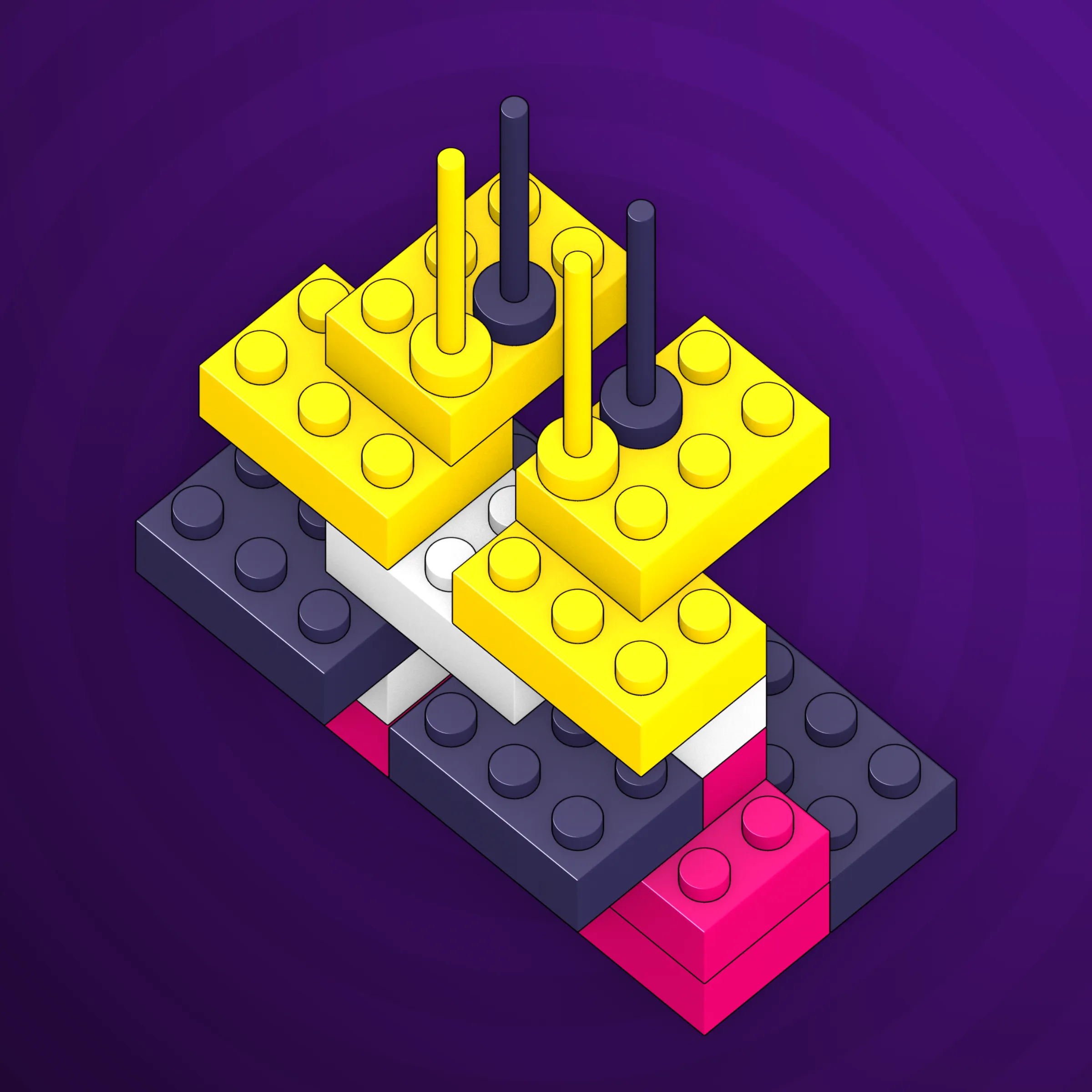 The project focuses on how easily one assigns meaning to seemingly random combinations of blocks, giving them personality and creating emotional connections.

I was inspired by Ringers, in which people see animals and other characters. I wanted to amplify this quality, and the idea of sculptures made of blocks clicked! Endless combinations, funny characters, and my passion for cubes, voxels, and modular systems.

To make the sculptures, I used technique of hybrid voxel raymarching, so we can say, the sculptures are made of colored void in a reflected space. Some of them may seem impossible due to the lack of perspective, but sooner or later it all clicks! It helps to keep in mind that all shapes are symmetrical.

The script uses modern features of GPU so it's supposed to work only on desktop: Chrome, Firefox or Safari