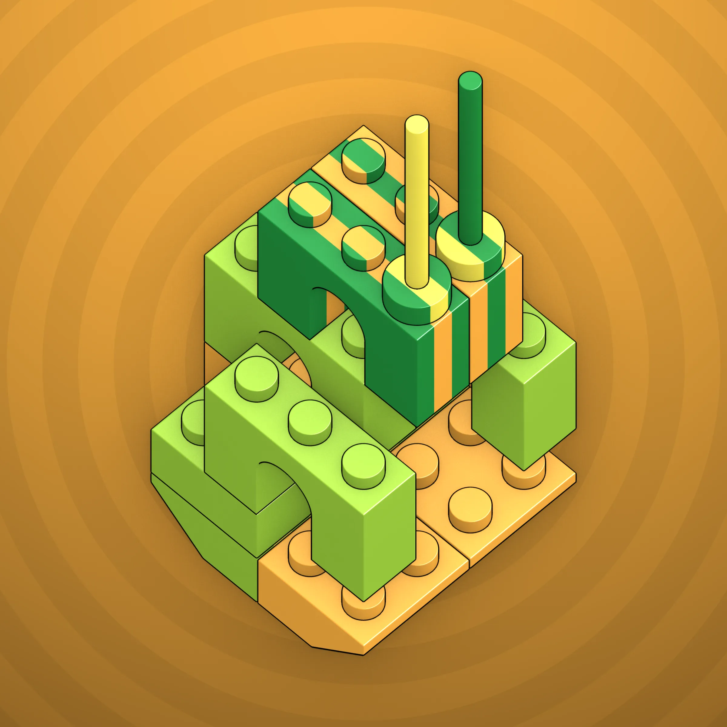The project focuses on how easily one assigns meaning to seemingly random combinations of blocks, giving them personality and creating emotional connections.

I was inspired by Ringers, in which people see animals and other characters. I wanted to amplify this quality, and the idea of sculptures made of blocks clicked! Endless combinations, funny characters, and my passion for cubes, voxels, and modular systems.

To make the sculptures, I used technique of hybrid voxel raymarching, so we can say, the sculptures are made of colored void in a reflected space. Some of them may seem impossible due to the lack of perspective, but sooner or later it all clicks! It helps to keep in mind that all shapes are symmetrical.

The script uses modern features of GPU so it's supposed to work only on desktop: Chrome, Firefox or Safari