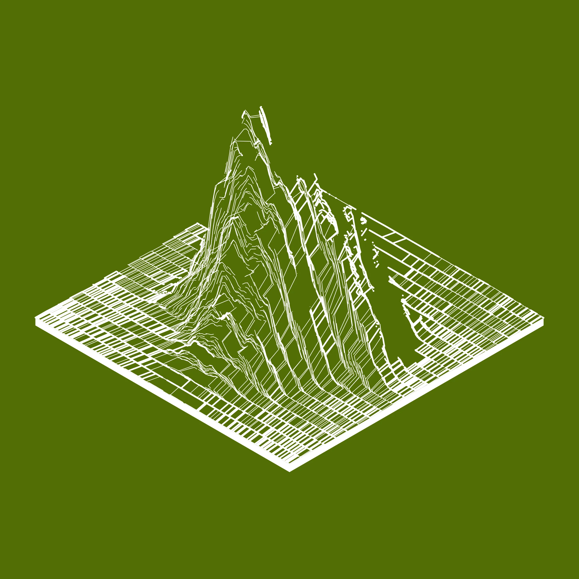 A generative algorithm that draws the impression of a landscape from a multitude of possibilities. The unique seed from each token drives the parametric assortment of lines, colors, and forms into a constructed composition.