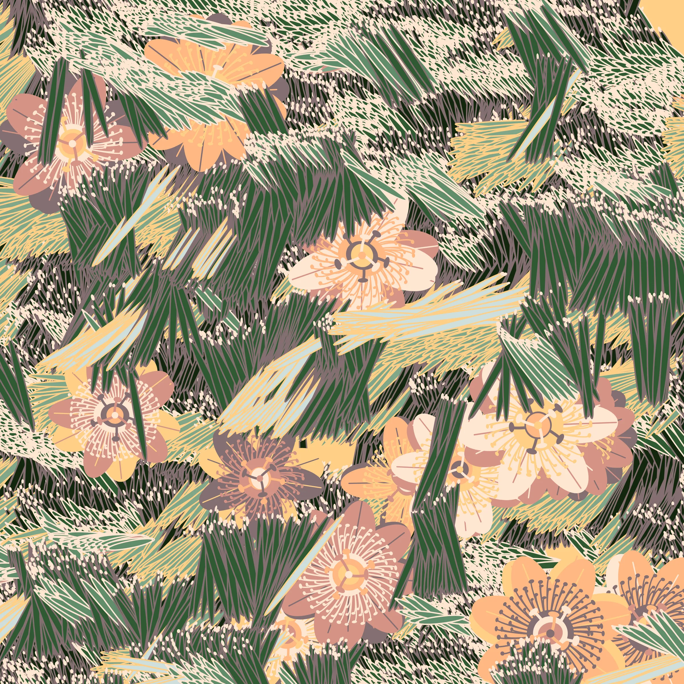 “Fragments of an infinite field” is a compositional system in which an idealized plant species is generated and arranged in a potentially infinite field of foliage. The main environmental parameter of the composition is the determination of a season of the year. The season determines the landscape’s colors and defines specific phenomena for each of them, such as rain in summer, snow in winter, petals falling in autumn, and pollen in spring. The flower has several possible variables, which can be macro aspects, affecting the entire population of the species, or micro, affecting each individual of the species differently. For example, the number of petals can be equal in all individuals or not. The number of filaments and other structures of the flower can undergo minor deviations, generating small mutations. The confusion between the figure (plant) and the background (earth, sky, other natural elements) is fascinating from a compositional point of view. The background colors are, most of the time, colors present in the figures, often breaking the boundary between them and, therefore, generating chromatic masses. In this project I also intend to research the following question: How to create parameters that resemble a living organism's growth? In this sense, the project approaches digital morphogenesis and the development of procedural organisms.