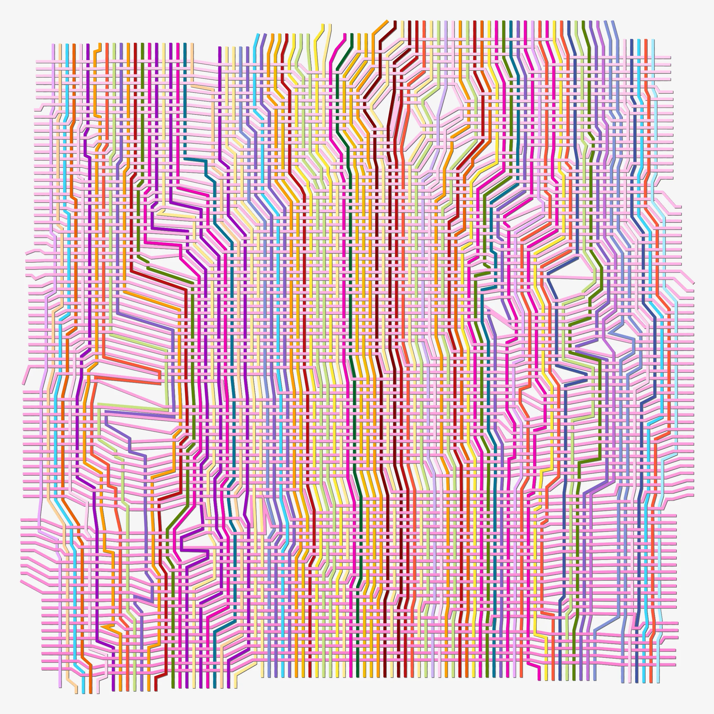 Horizontal and vertical threads weave together guided by a punching card generated at the moment of transaction. Often randomness distorts the orderly woven pattern. Thread colours are picked from a single colour palette. 10% of the sales from this drop will be donated to charity: water to bring clean and safe water to people in need.